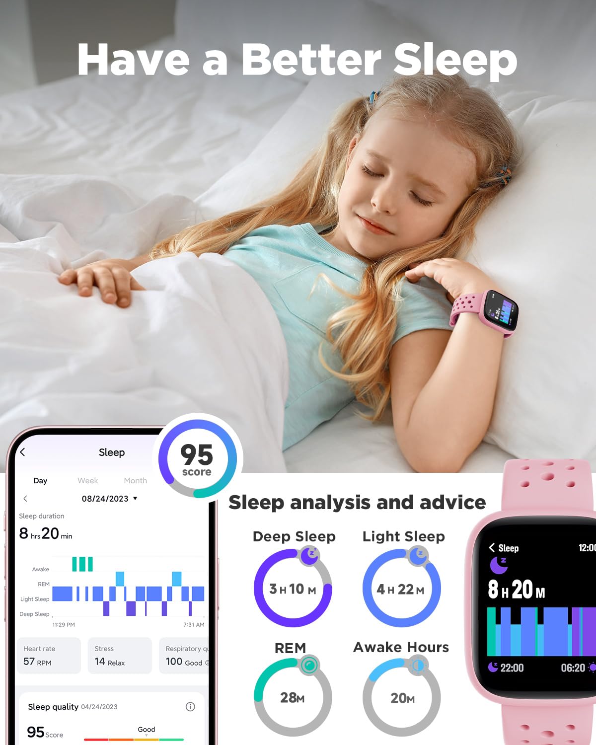 Biggerfive Smartwatch dla dzieci, 1,8-calowy zegarek fitness z krokomierzem, 24/7 pomiar tętna, monitor snu, alarm wibracyjny, klasa wodoszczelności IP68, gry logiczne z/bez aplikacji, dla dziewczynek