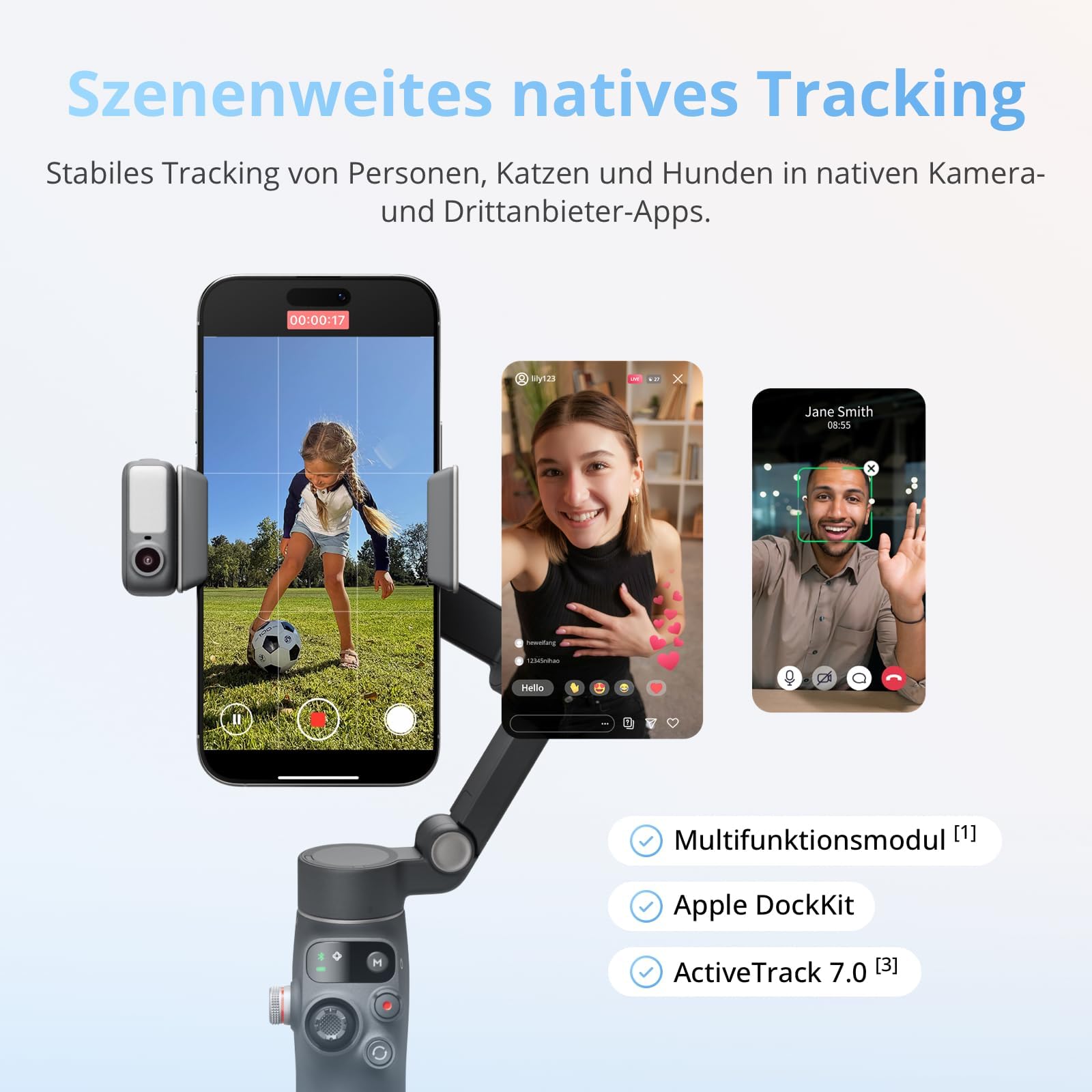 DJI Osmo Mobile 8 Advanced Tracking Combo Gimbal-Stabilisator für Smartphones, 3-Achsen-Smartphone-Gimbal, Natives AI-Tracking mit Audio und Beleuchtung, Verlängerungsstab & Stativ integriert, 10 Std