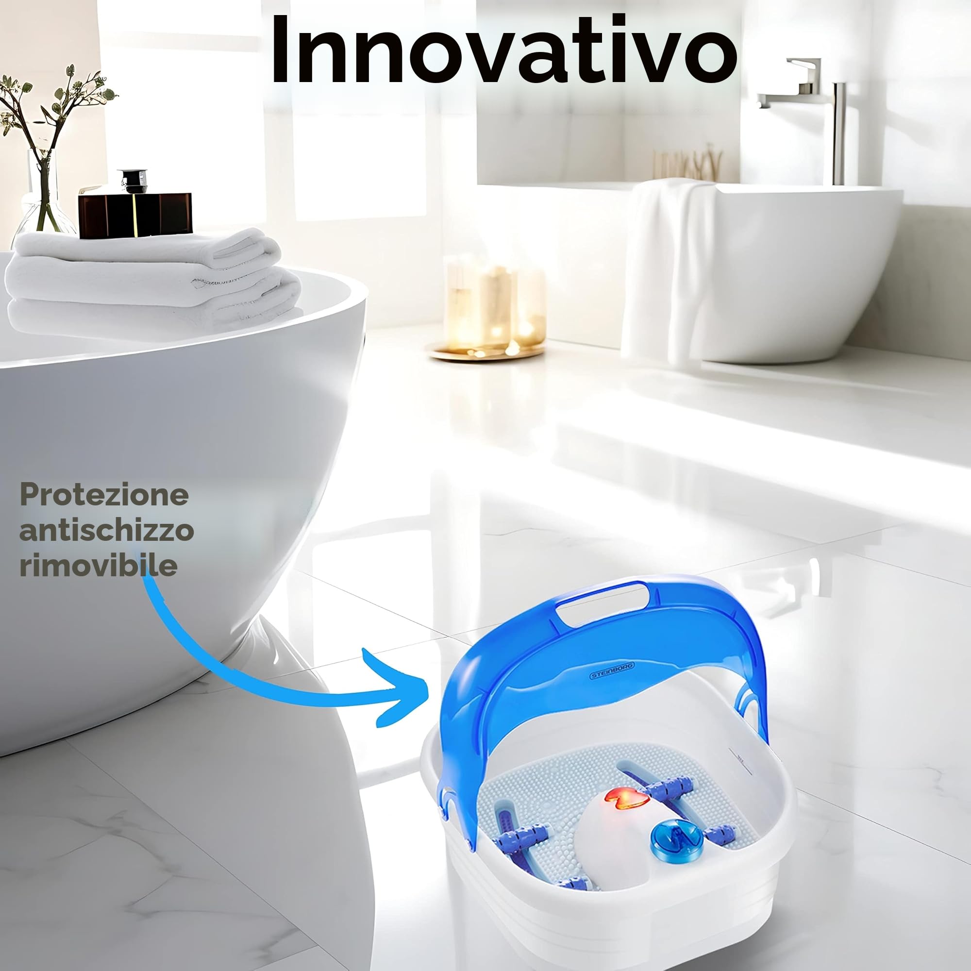 Steinborg Pediluvio|Massaggio piedi|4 piedi – zone riflesse – Effetto vasca idromassaggio|Riscaldamento a infrarossi|Massaggio termico per piedi|Massaggiatore per piedi|Vasca da bagno, Blu/Bianco.