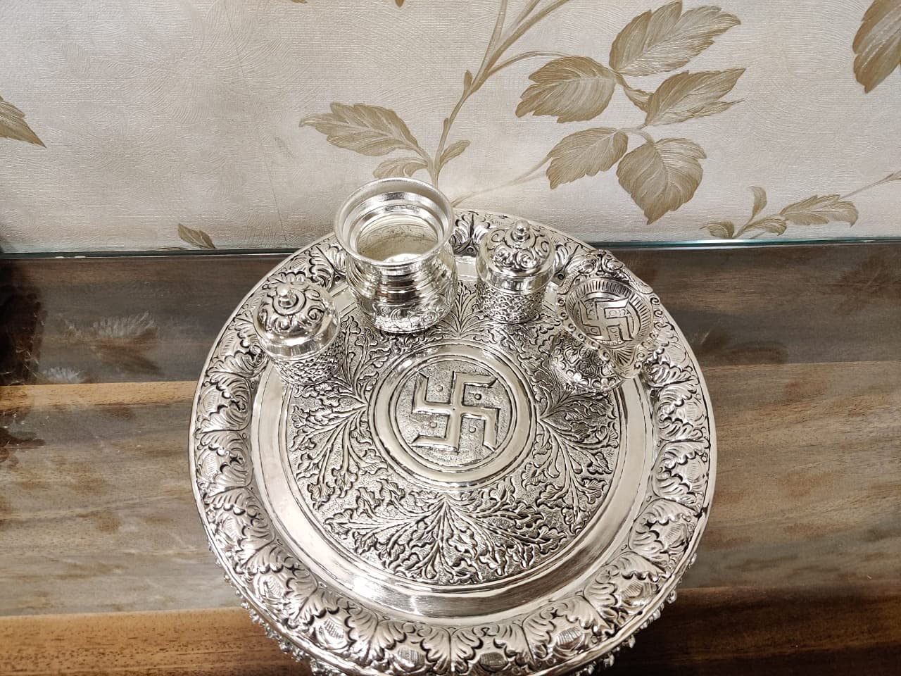 German Silver Hand Engraved Heavy Pooja Thali (Diameter 11”) With Full Ghungru Layer And Elephant Legs Stand – Set of 5 Items