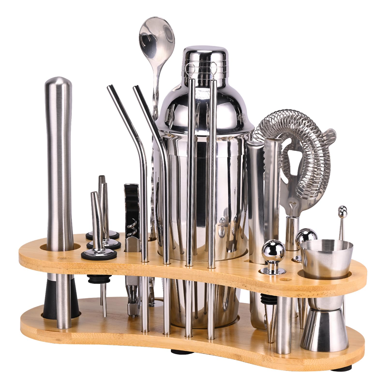 Set di shaker per cocktail, 19 pezzi, kit da barista, argento, set di strumenti da bar con shaker per cocktail, cucchiaio miscelatore, misurino, colino, pestello, cavatappi, pinze