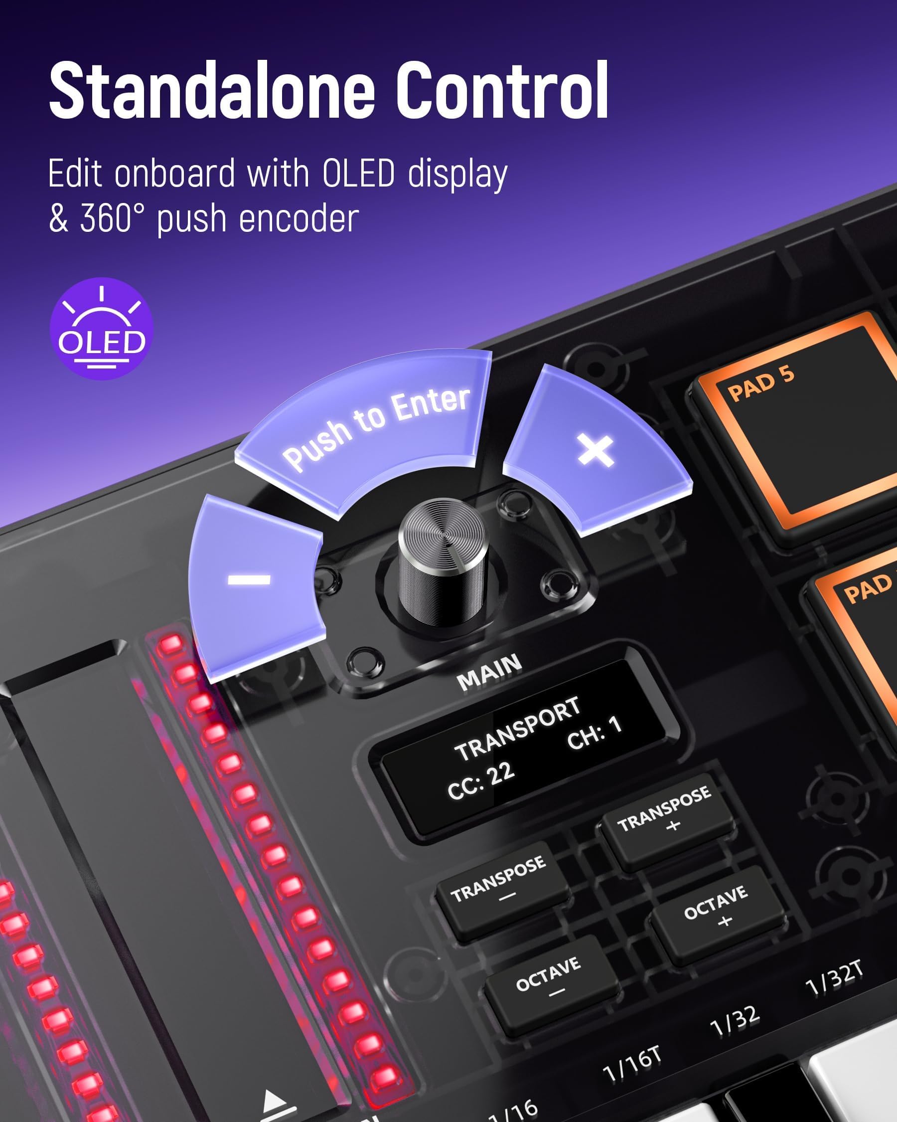 Synido TempoKEY K25 Controlador MIDI 25 teclas anchas y dinámicas, pads RGB, pantalla OLED, arpegiador – Portátil con bolsa – Para producción, beat making y clases Negro
