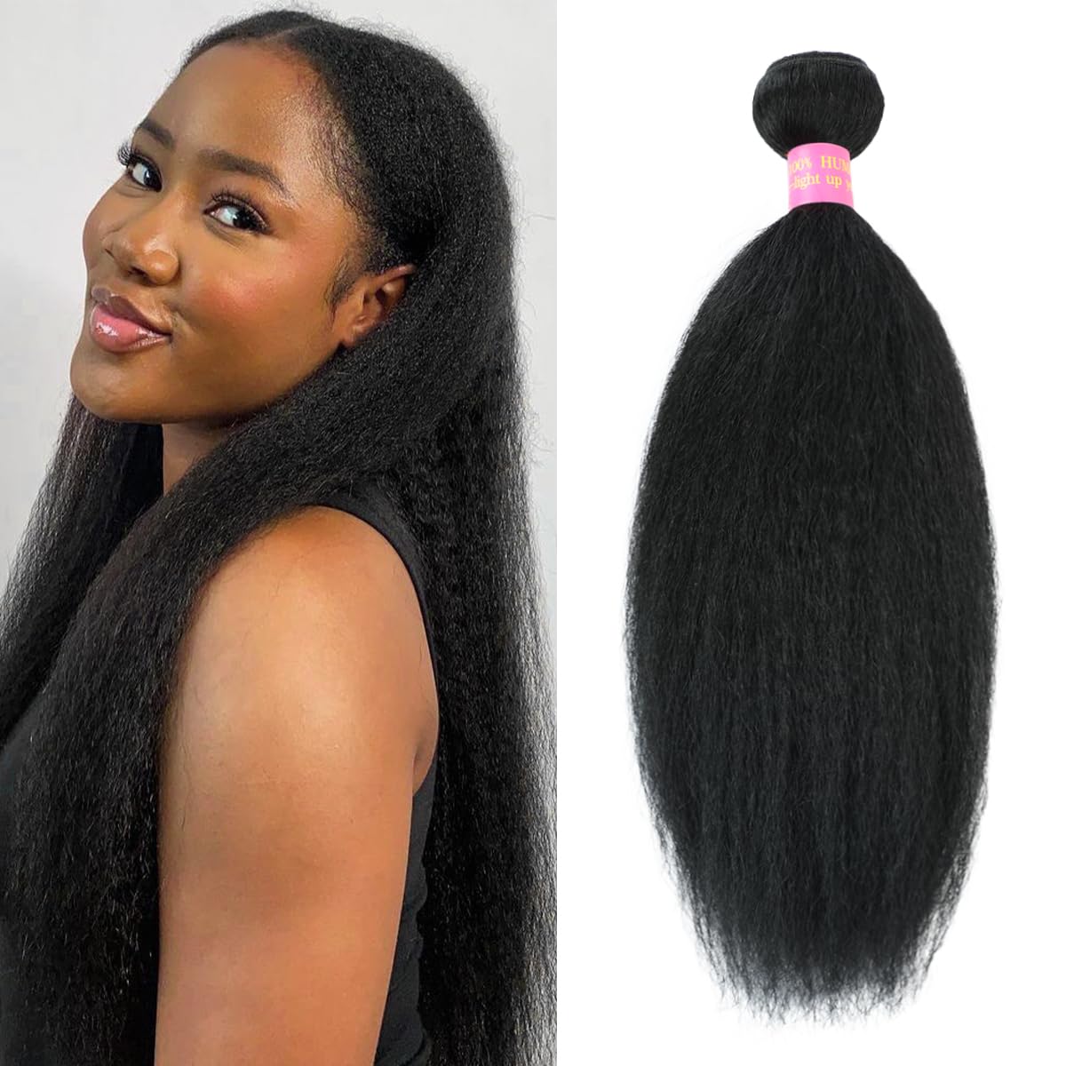 KinkyStraight Human Hair Bundles 12 inch Yaki Straight 1 Bundles Natural Black Color Brazilian Virgin Hair Kinky Straight Bundles Human Hair Extension Full and Thick, Silky Soft