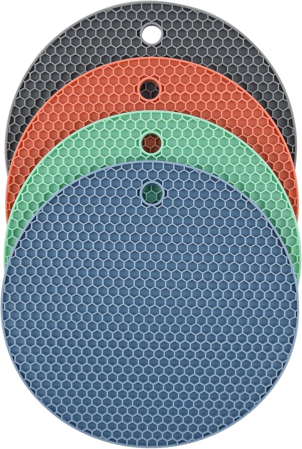 4 PCS Silicone Trivet Mats | Food Grade BPA-Free | Heat Resistant Non-Slip Hot Pads for Kitchen | Multi-Functional Pan Protectors, Spoon Rest & Jar Opener | Grey | Orange | Green | N Blue-image-1