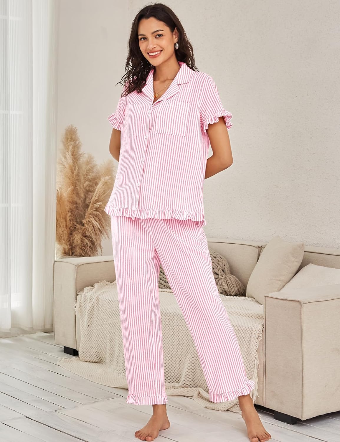Flygo Womens Striped Pajama Sets Cotton Button Down Sleepwear Short Sleeve Top Long Ruffle Pants 2 Piece Pjs Loungewear Sets - Image 2