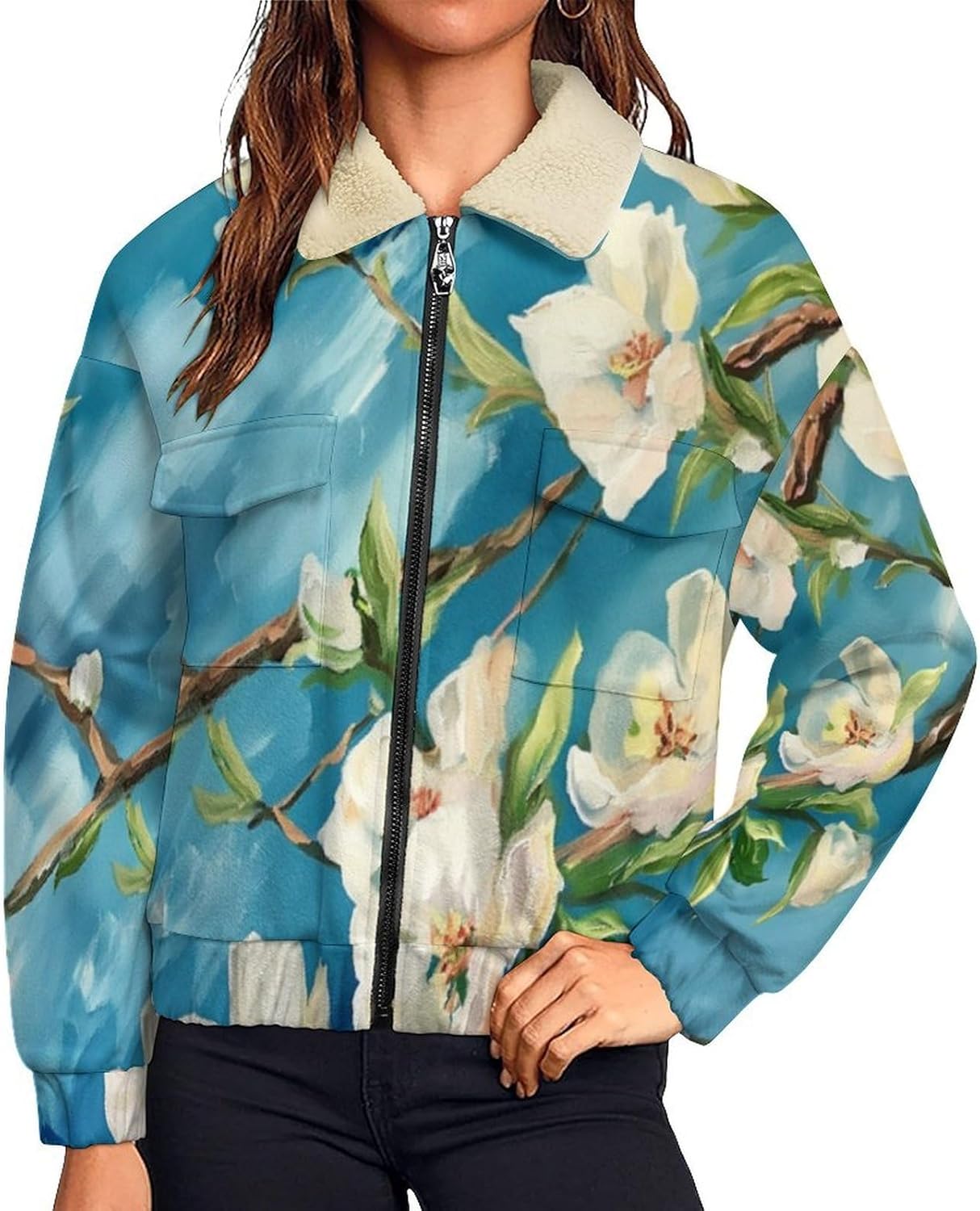 Polar Fleece Jackets for Women, Full Zip Sherpa Crop Coat, Apricot blossoms Printed Soft Warm Lapel Sweatshirts