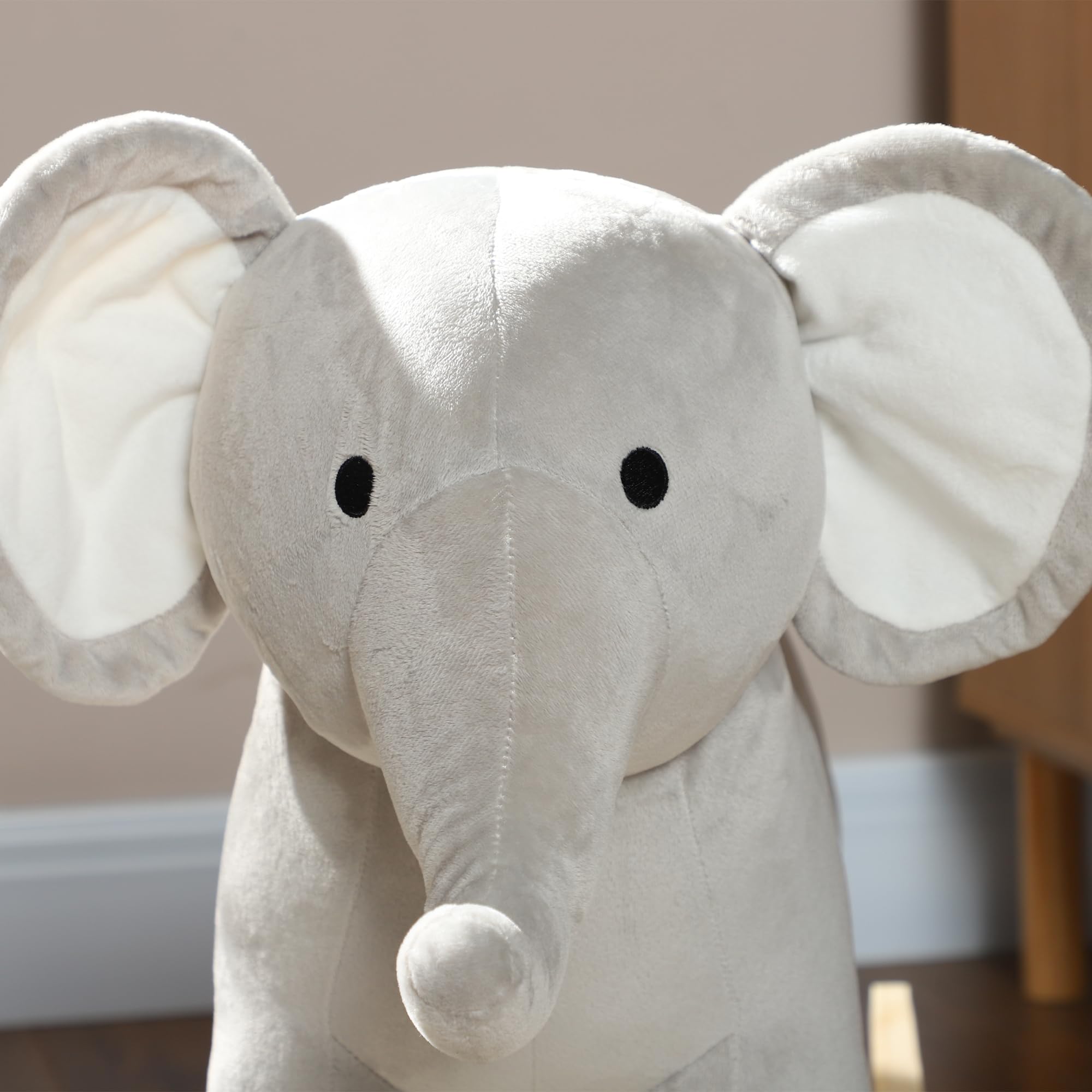 AIYAPLAY Cavallo a Dondolo per Bambini a Forma di Elefante, Cavalluccio a Dondolo Cavalcabile in Legno e Peluche con Base e Suoni Realistici, 2-4 Anni, 64.5x31x52 cm, Grigio