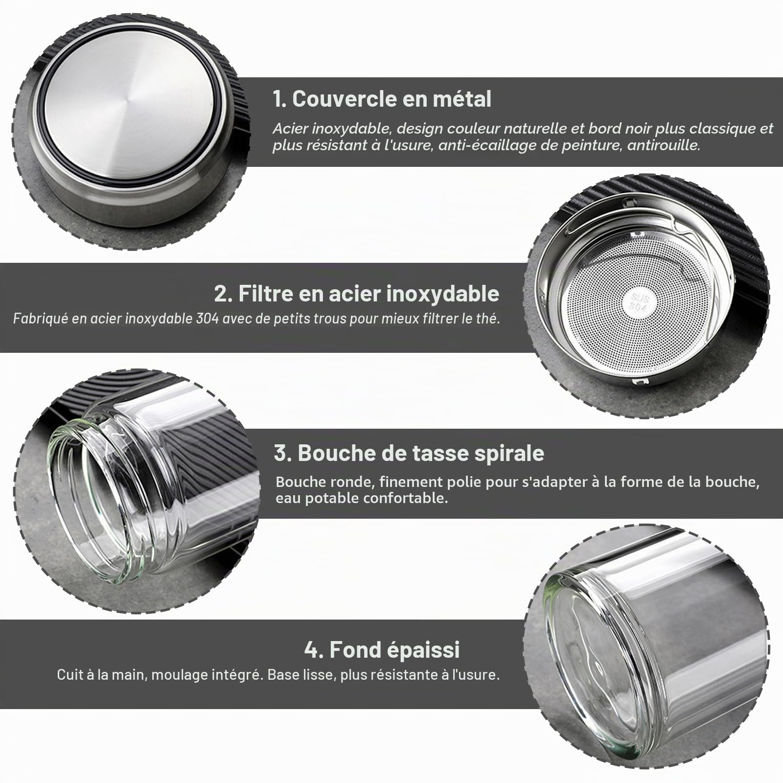 Bouteille en verre de 1 litre, gourde à double paroi de 1 l, gourdes avec brosse, ensembles de tasses, bouteille à thé avec passoire à emporter