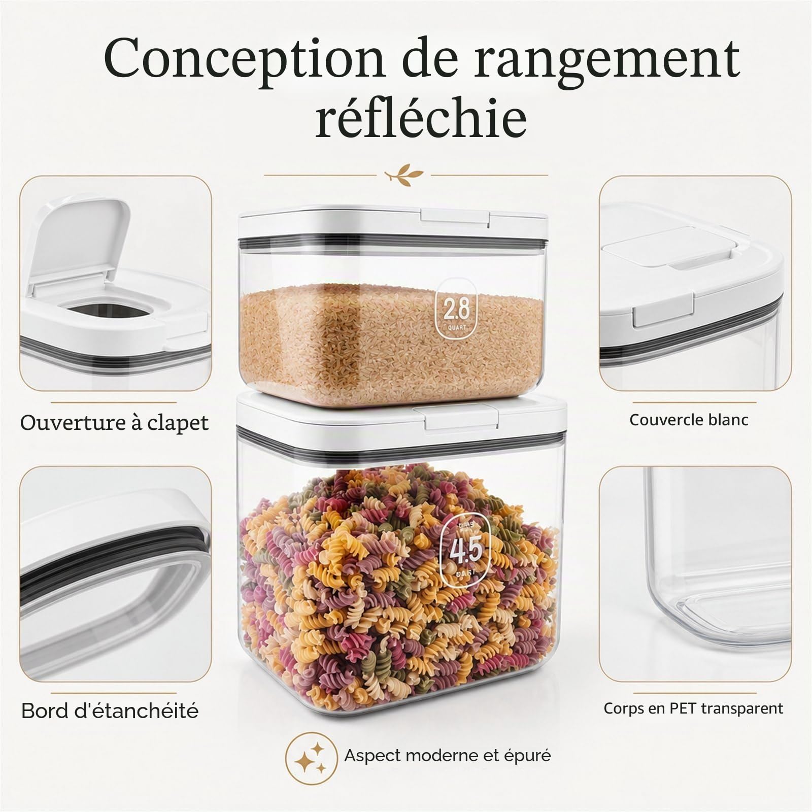 STARVAST Boîtes de conservation pour farine 4,5+2,8 litres, boîte de rangement pour la cuisine, conservation de riz avec jauge, boîtes de conservation avec couvercle hermétique, récipients de stockage