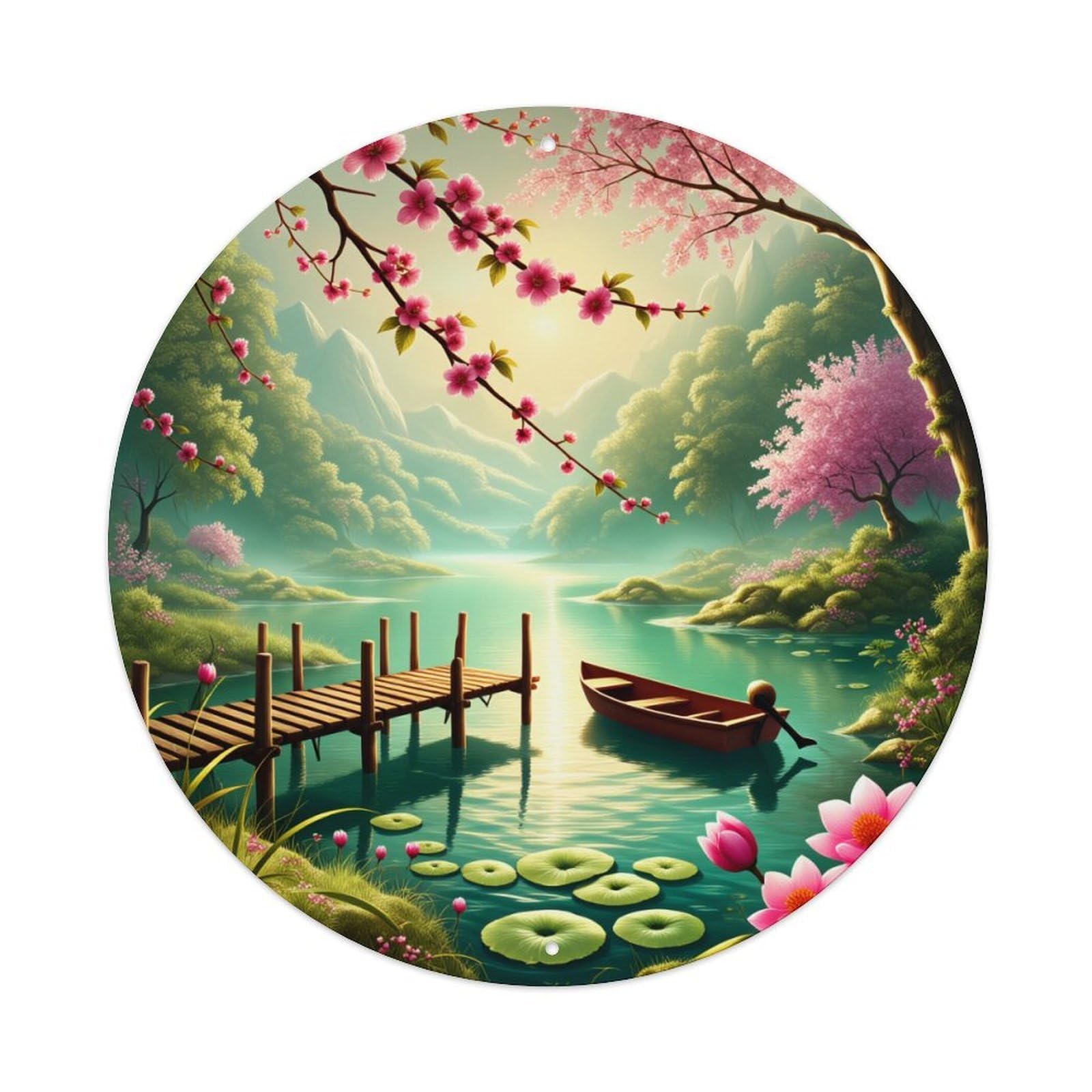Cherry Blossom Lake Scene Boat Dock Round Tin Sign Vintage Metal Poster Retro Bar, Home, Man Cave, Kitchen, Laundry Room Wall Art Decor Gift 8x8Inch