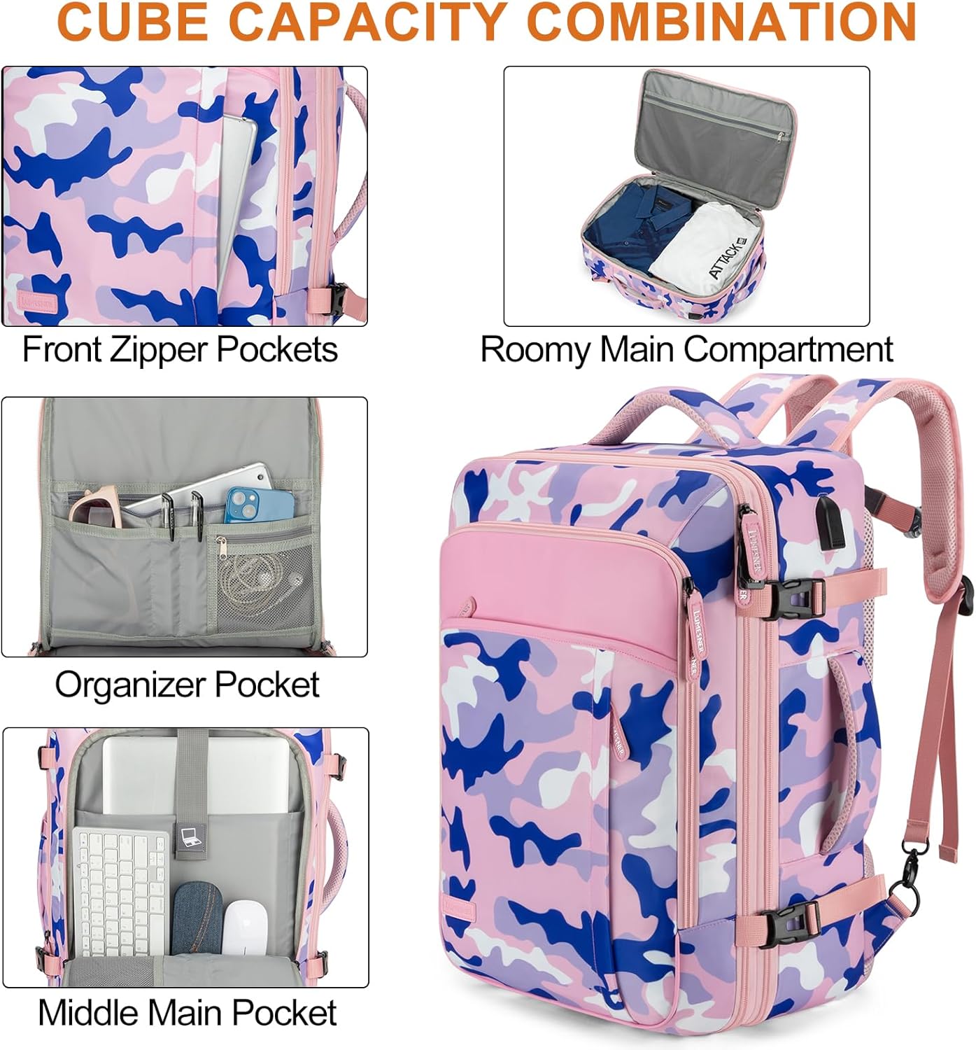 BAGPARKK Travel Backpack 42L Carry on Backpack Flight Approved Expandable Travel Backpack Carry on Backpack Luggage Daypack (Pink Camouflage)
