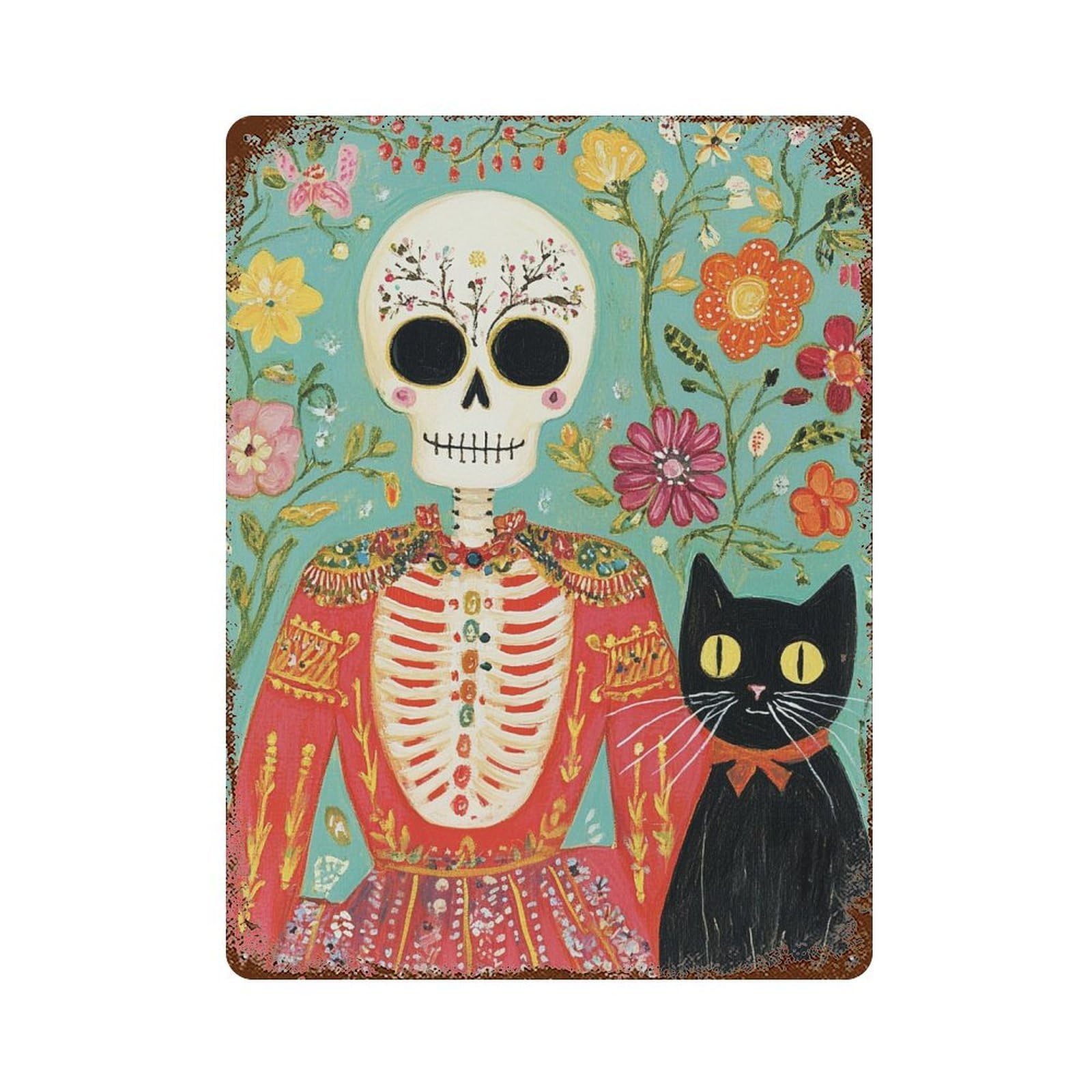 Day of The Dead Skeleton Art Print-2 Aged Metal Wall Plaque 15.7"x11.8", Classic Wall Plaque for Garage, Pub Or Kitchen