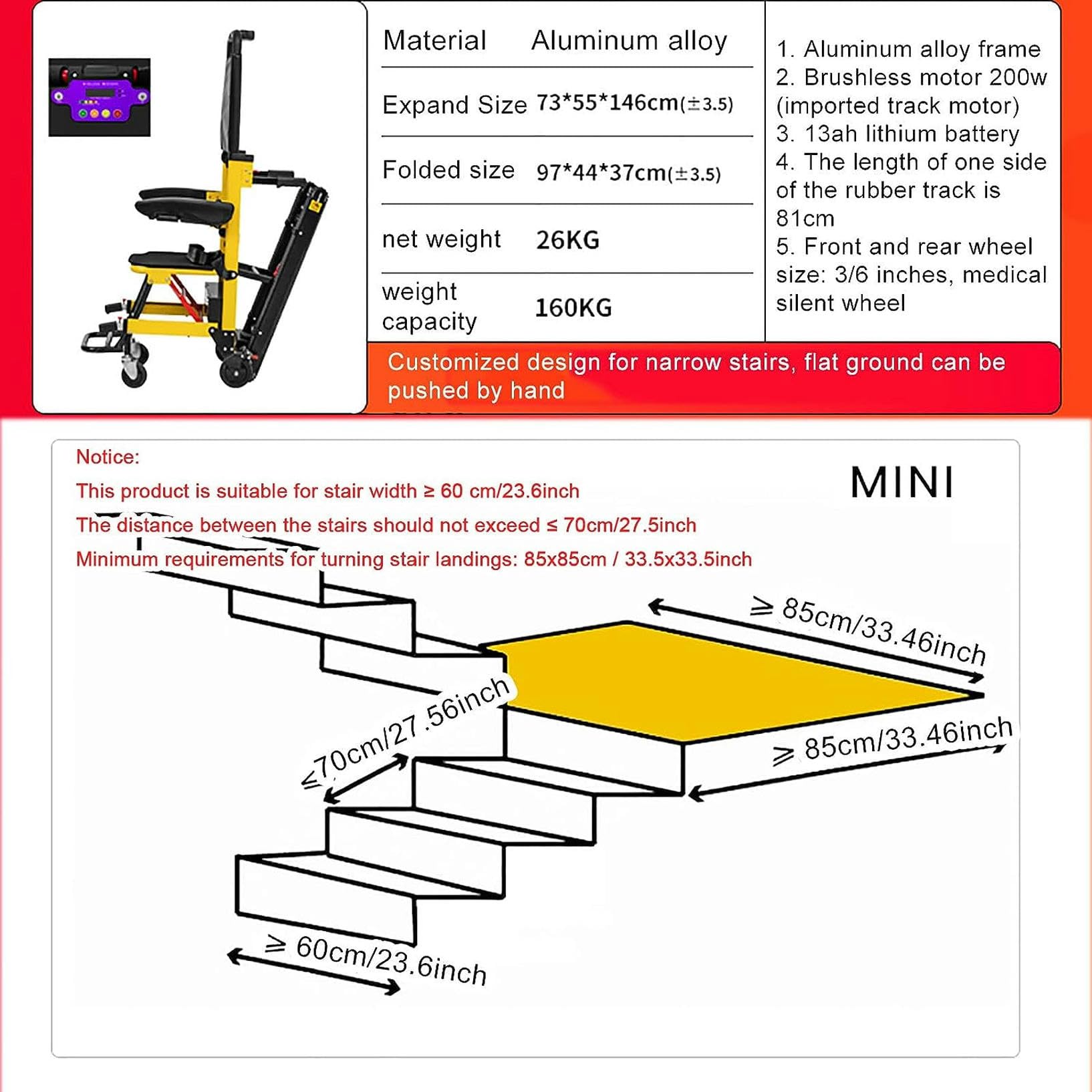 Petit Escalier éLectrique Monte-Escalier, Pliable LéGer (26 Kg), Capacité De Charge 353 LB, s'adapte Aux Escaliers éTroits