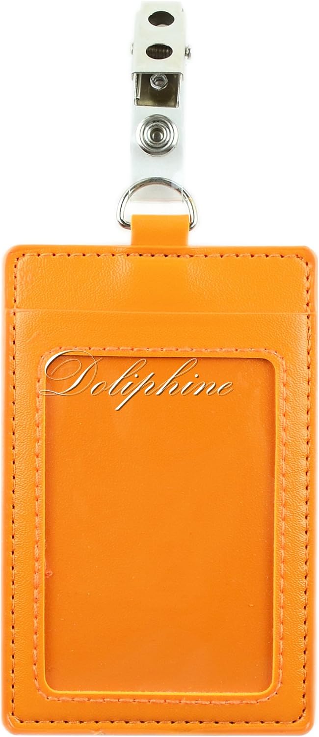 Vertical Deluxe Durable PU Leather ID Badge Holder with 1 ID Window and 1 Card Slot and Alligator Clip (Orange)