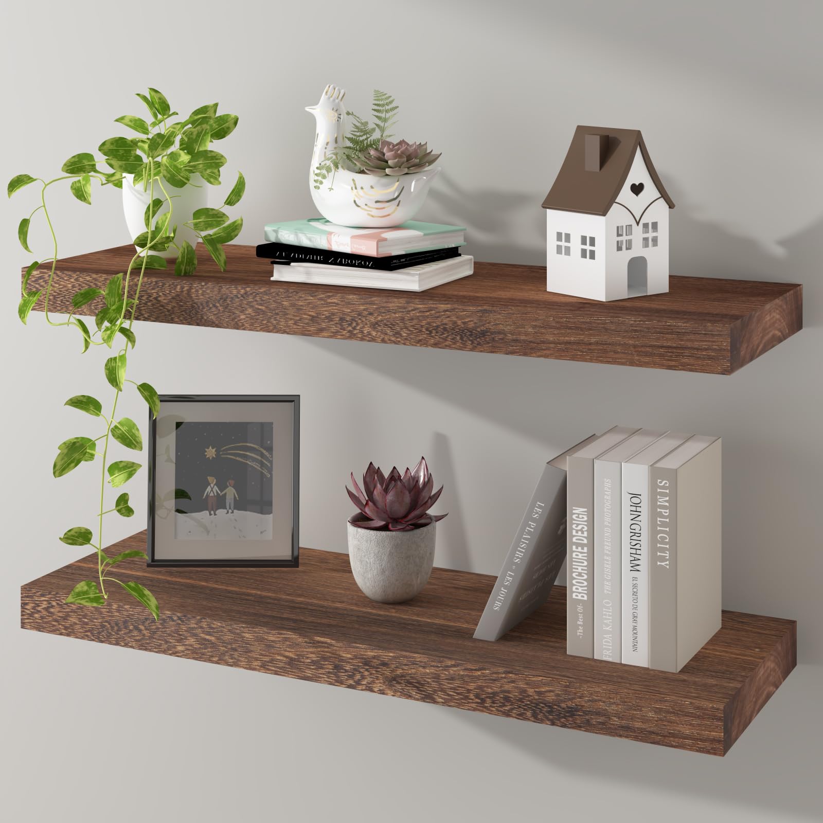 Kultilanda Floating Shelves 24 Inch Wall Shelf Solid Wood Mounted Storage for Bedroom Living Room Set of 2, Rustic Brown Wall Shelves