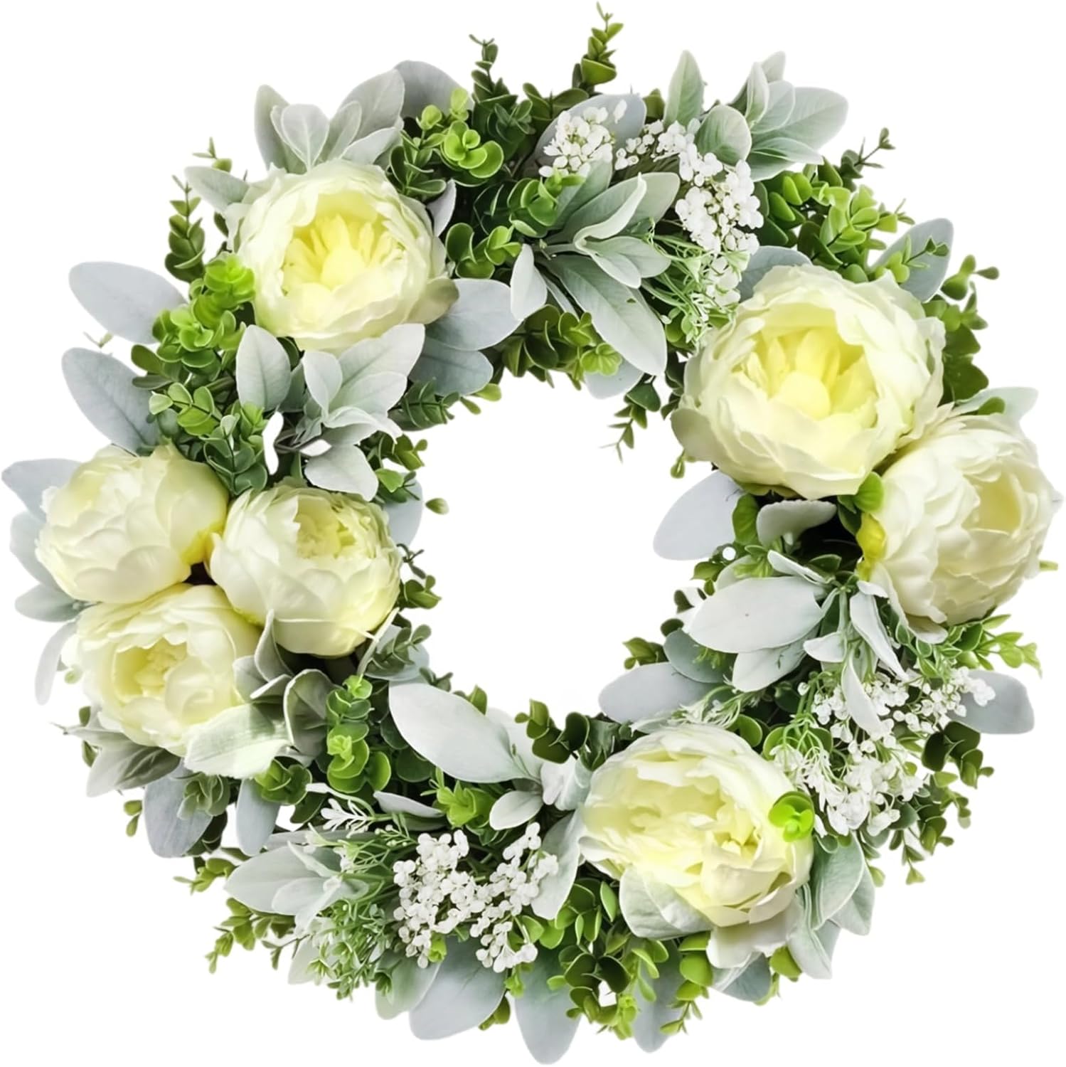 20 in Faux Floral Wreaths, White Flowers and Green Leaves, Spring and for Front Door, Round Design for Outdoor Home Decoration, Easy to Hang