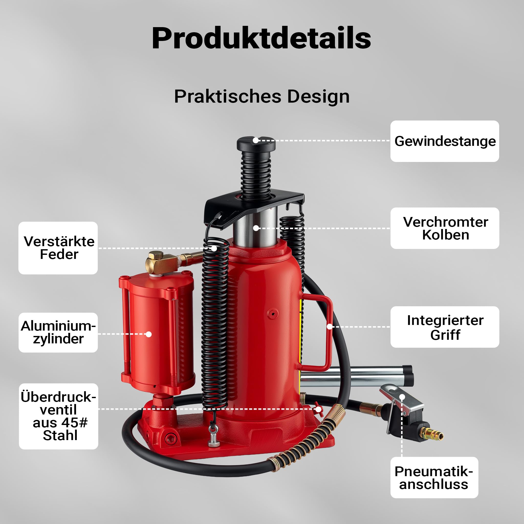 Wiltec Martinetto Idraulico a Bottiglia 20t 260-510mm Uso Pneumatico e Manuale Cric