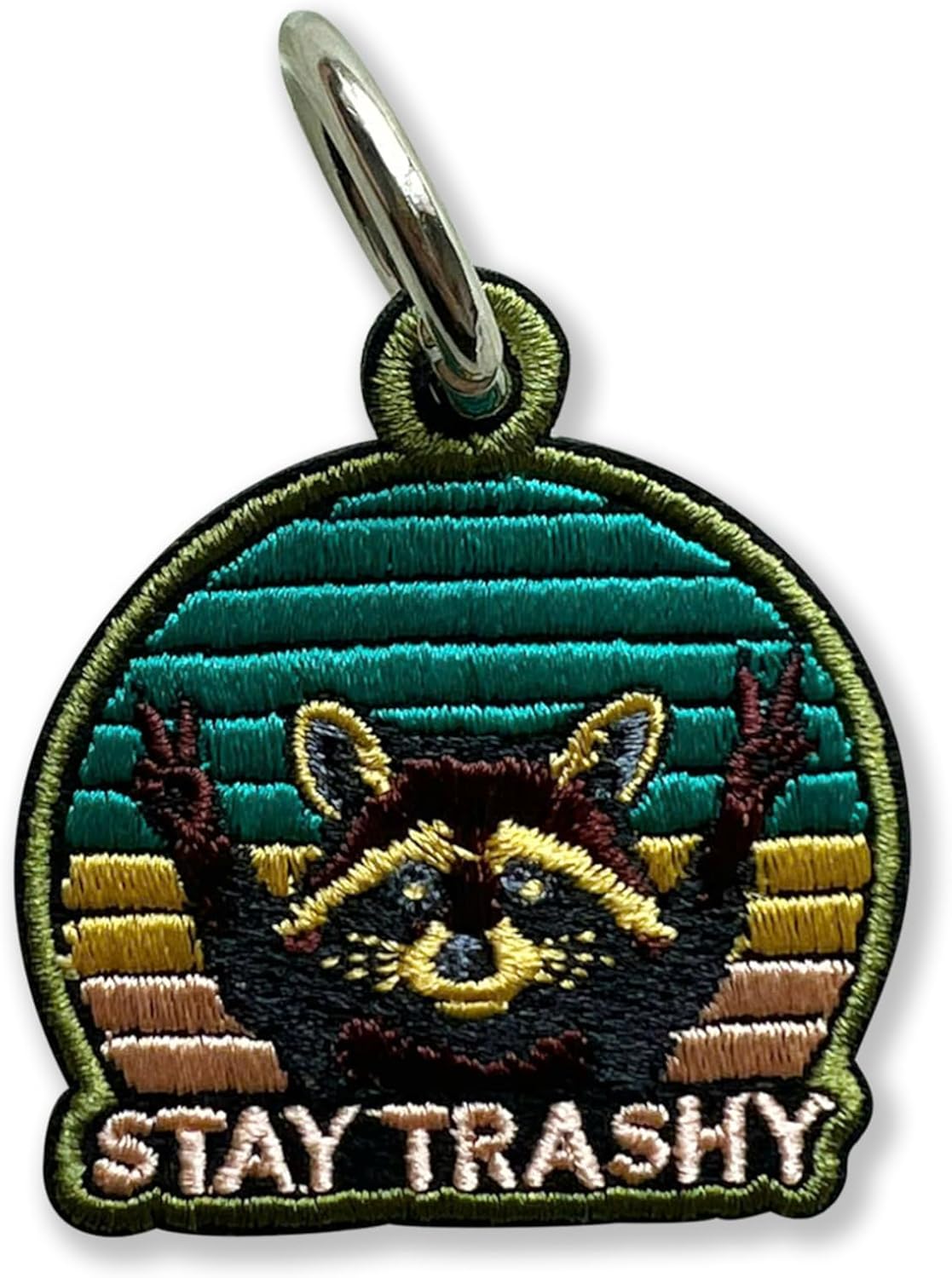 314PI Stay Trash Raccoon Embroidery Keychain, Size 2" Embroidered Tag Keychains, Embroidery Patch with Colorful Keyrings for Backpack Clothes Motorcycles Scooters Cars Key Accessories, Funny Gifts