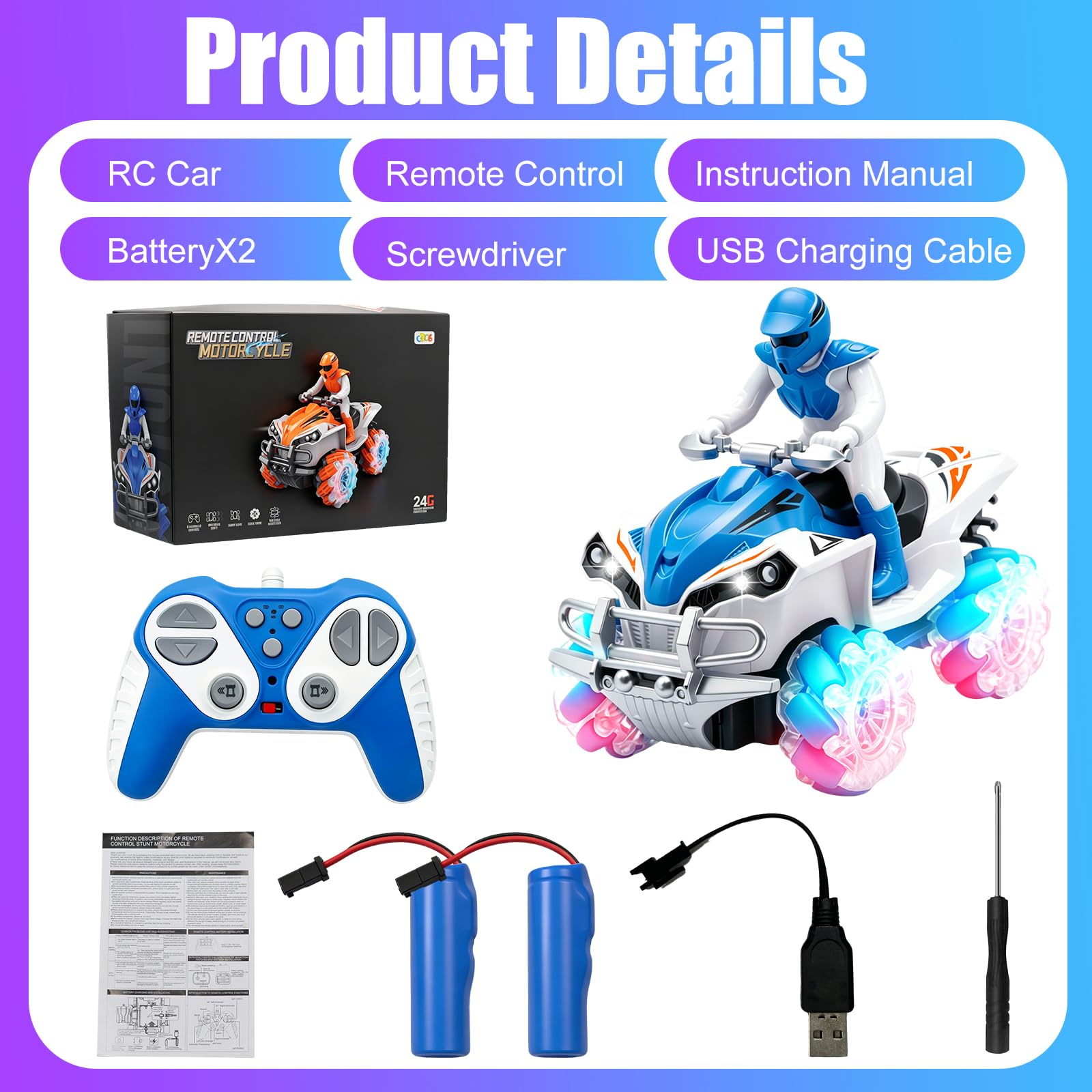 Auto Telecomandata per Bambini, Macchina Radiocomandata RC 2,4 GHz con 2 Batterie Ricaricabili, Auto Stunt 4WD con Rotazione a 360°, Fari e Ruote LED, per Interni ed Esterni, Spiaggia e Prato