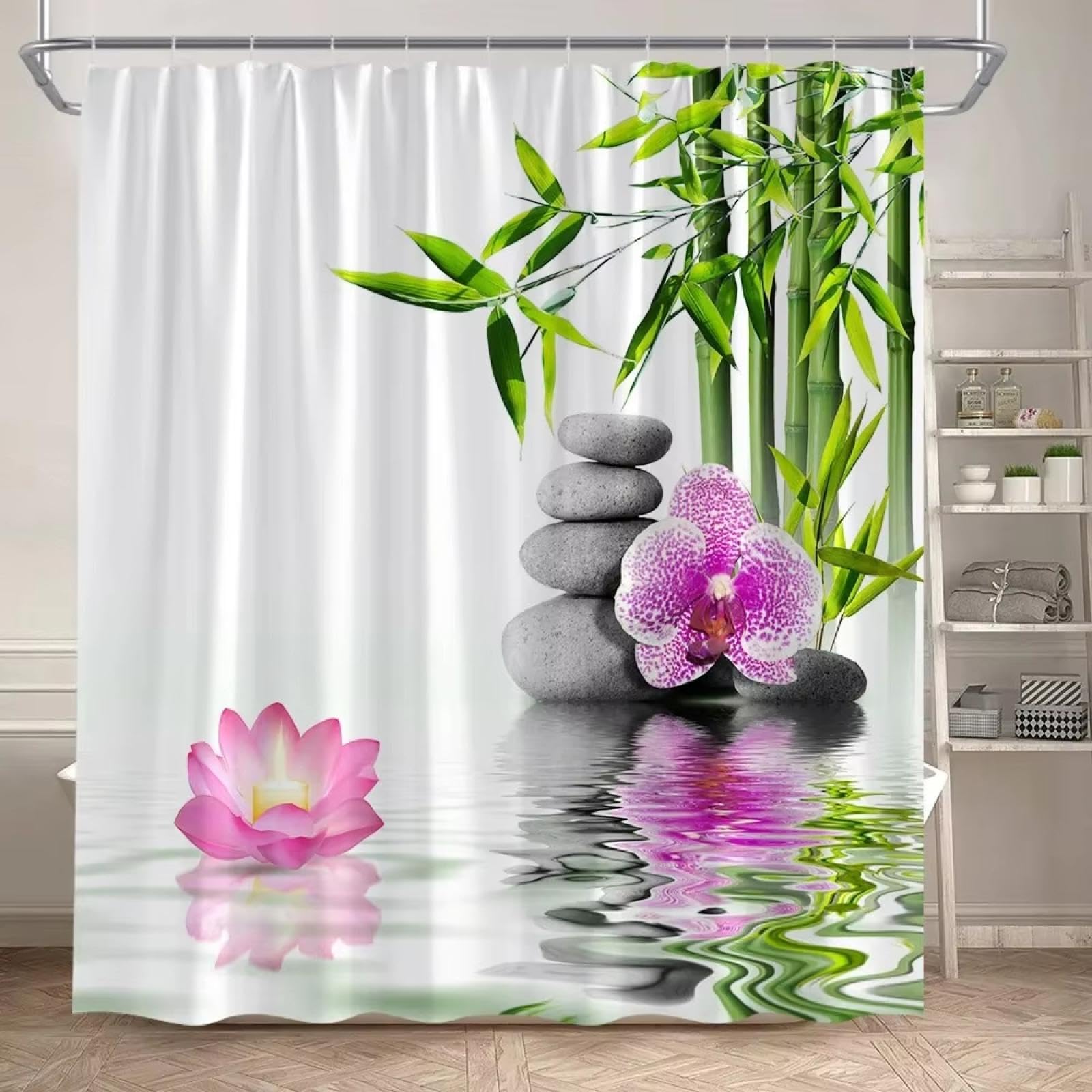 Rideaux de douche en bambou vert et tissu noble, décor orchidée premium 137x198