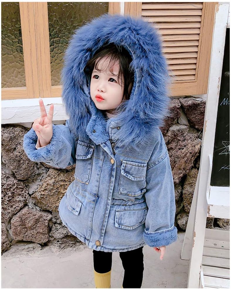 Toddler Kids Baby Girl Denim Down Jacket Winter Warm Thick Coat Hooded Faux Fur Fleece Outwear Winbreaker