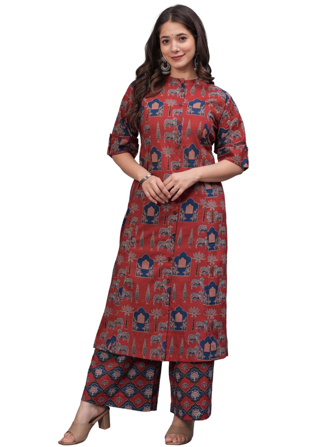 Rytras Women's Pure Cotton Printed A-Line Kurta Set With Palazzo Pants - Ethnic Wear, Maroon(Ryt595,Xxl)