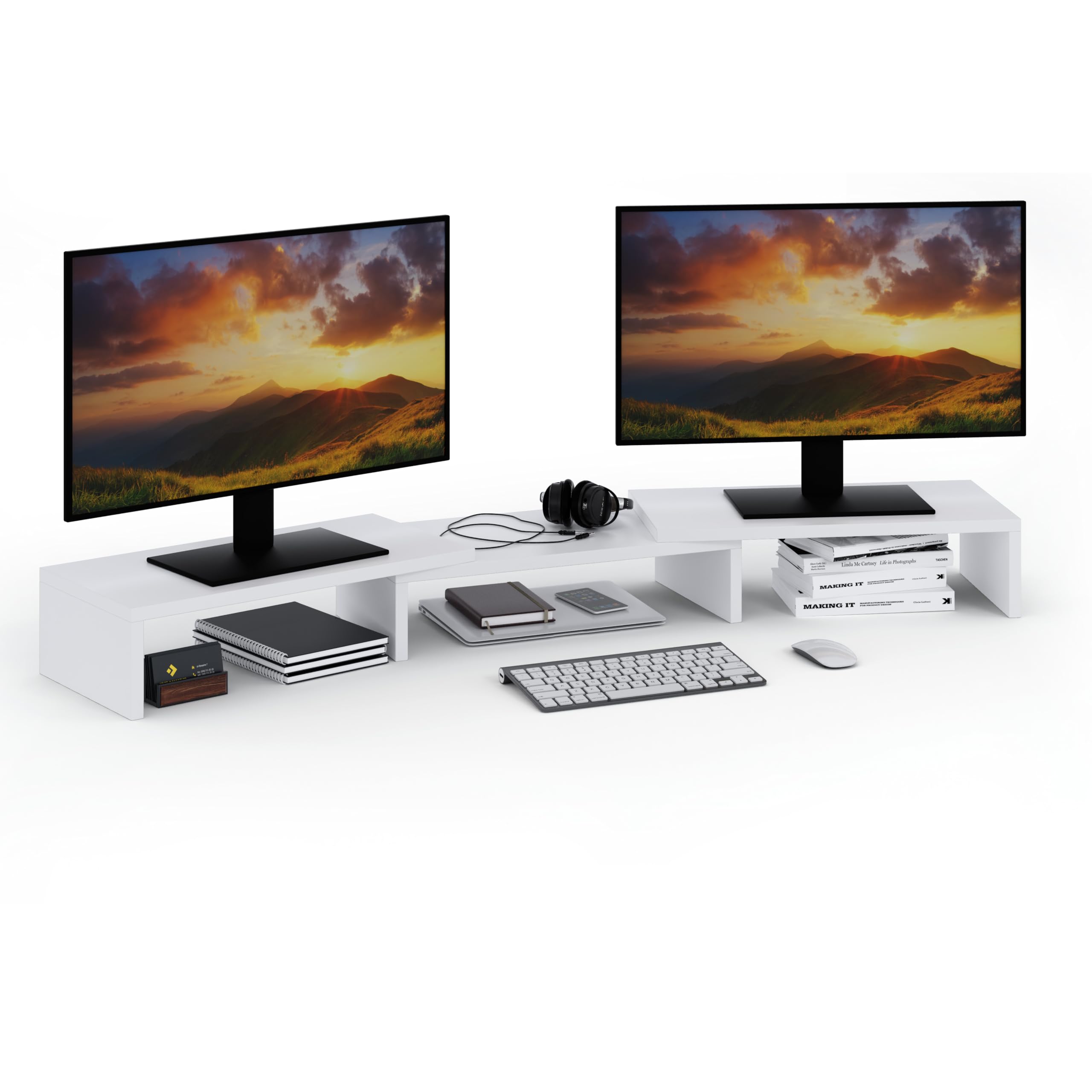 Elevador Monitor para Doble Monitor, Soporte doble para Monitor, 3 Estantes de Longitud Ajustable, ideal para tu Oficina en Casa, Blanco