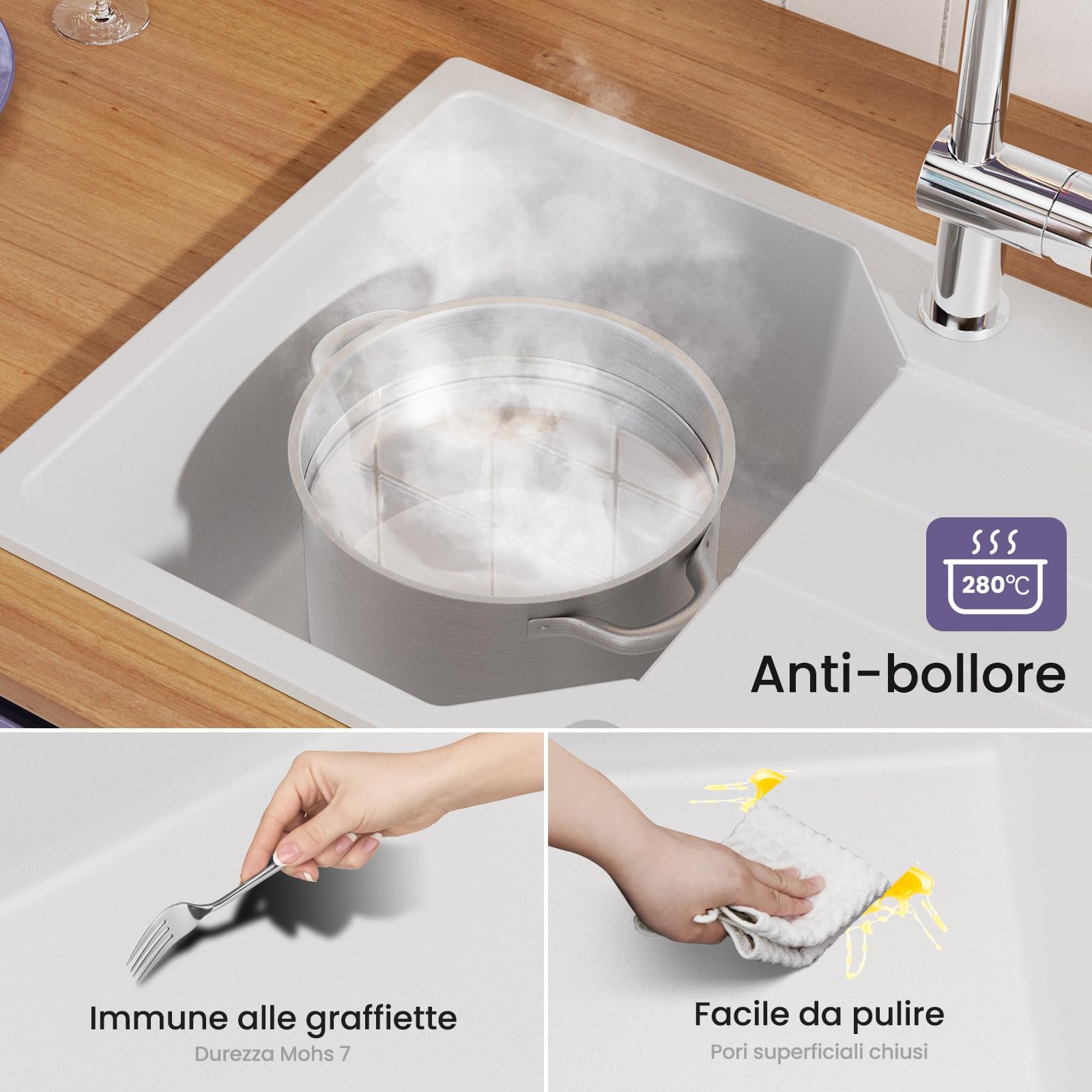 ANYCEE 65 x 45 cm Lavello Cucina con Gocciolatoio, Lavandino Granito Bianco | Lavello Bianco in Granito, Lavandino con 80% Sabbia di Quarzo, per Mobile di Base di Oltre 40cm, Troppopieno e Sifonee