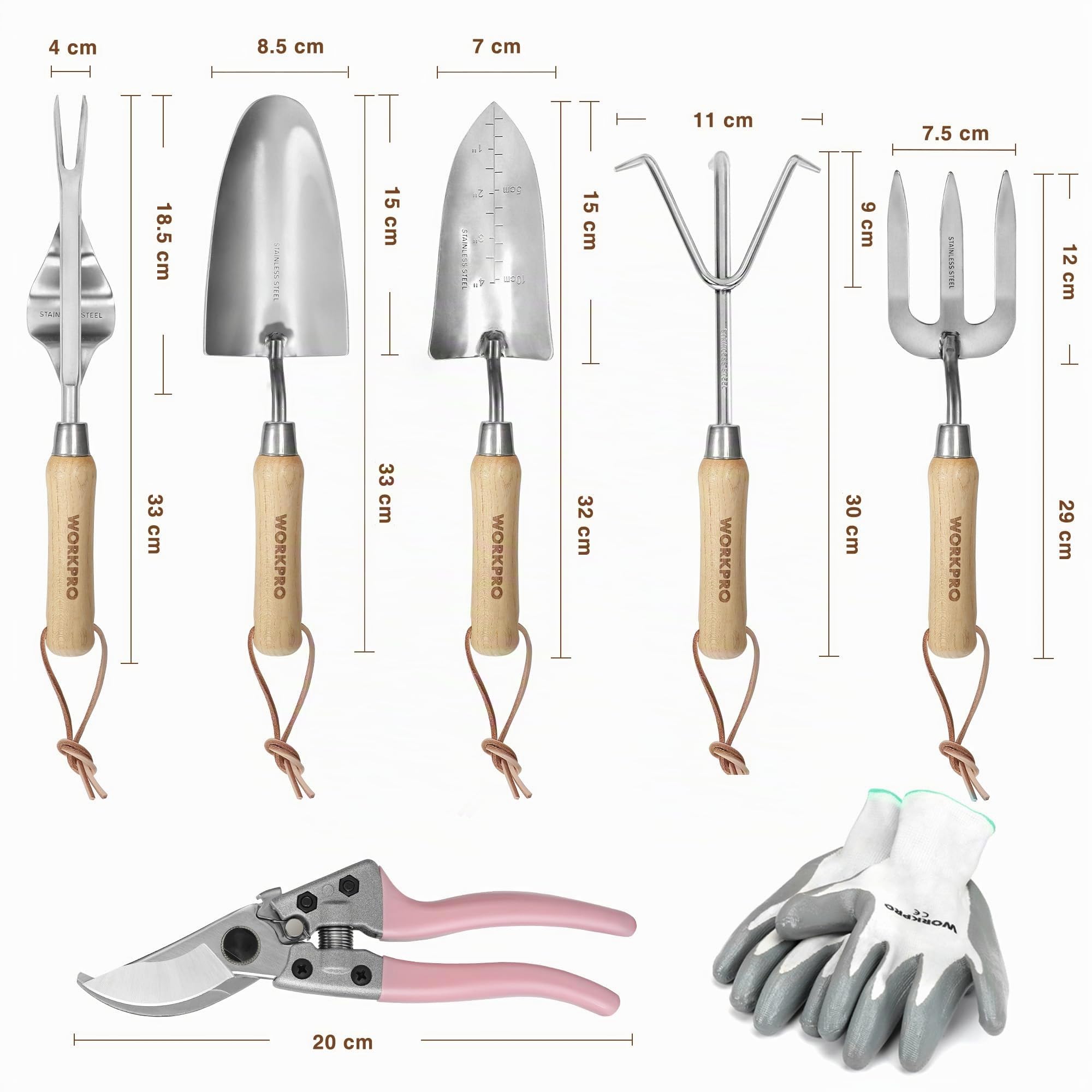 WORKPRO Set di Attrezzi da Giardino Rosa 8 Pezzi, Utensili da Giardino con Borsa da Giardino, Includere Guanti da Giardinaggio, Cesoia da Potatura ecc, Regali da Giardino per Uomo Donna