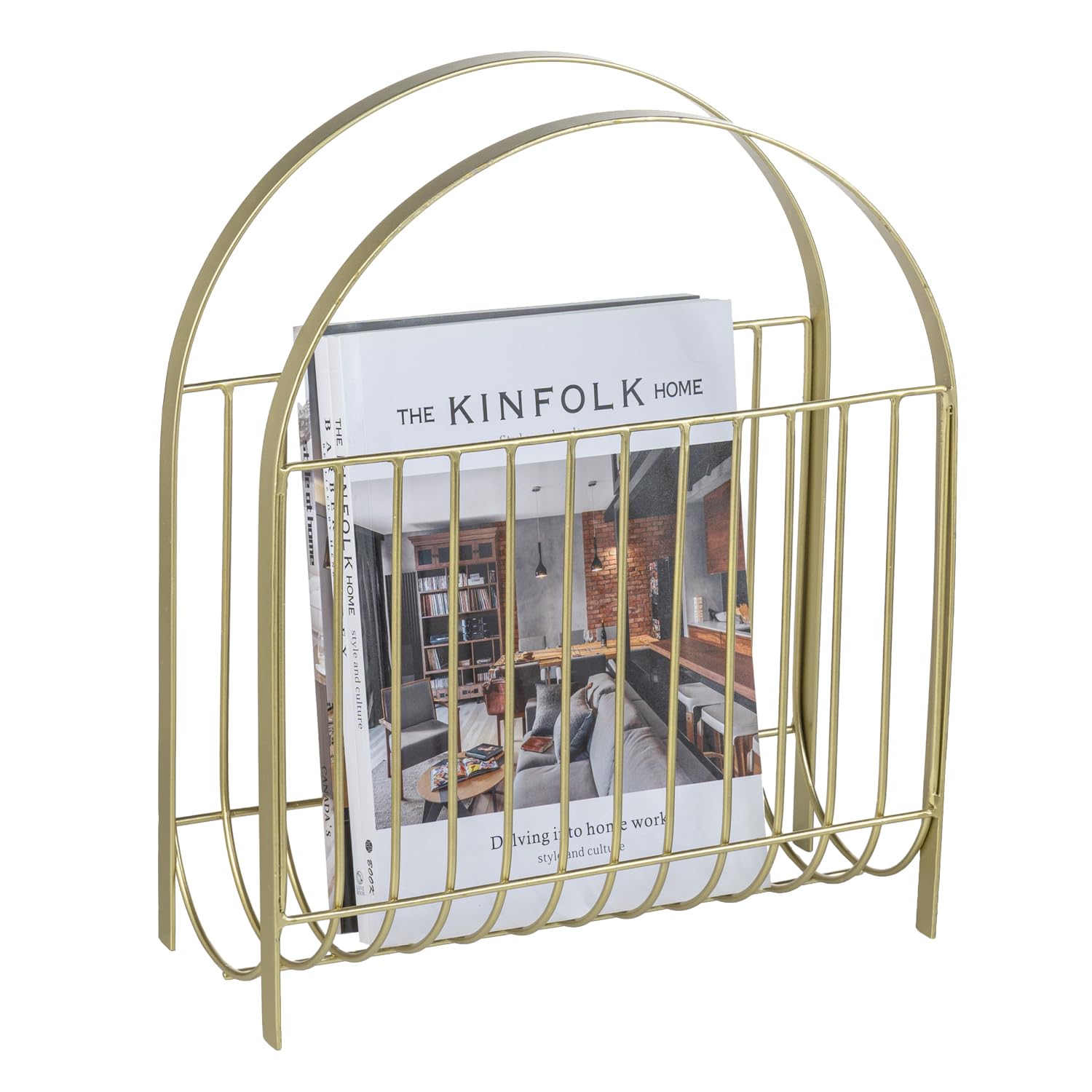 MyGift Deluxe Mid Century Brass Tone Metal Wire Magazine Holder Rack, Table or Floor Display Newspaper Stand Storage Sling for Magazines and Vinyl Record Albums