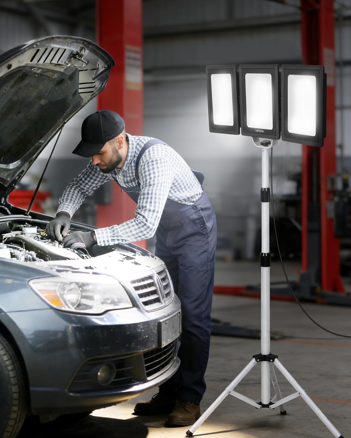 UFOND 21000 Lumens LED Work Light with Stand, 3-Head Foldable Worklight with Separate Switches, Telescoping Tripod 10Ft Cord, Waterproof Job Site Light, for Garage Construction Camping