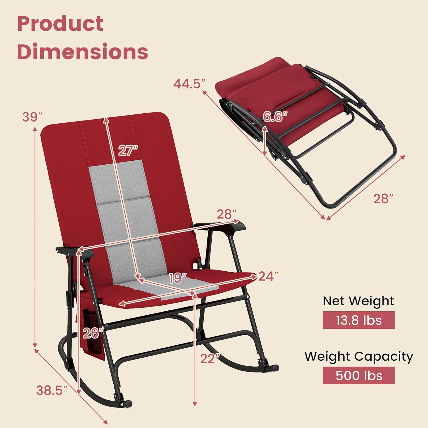 COSTWAY Oversized Folding Rocking Camping Chair, Padded Portable Outdoor Rocker with Side Pocket and Hard Armrests for Patio, Lawn, Backyard, Supports up to 500 lbs, Red