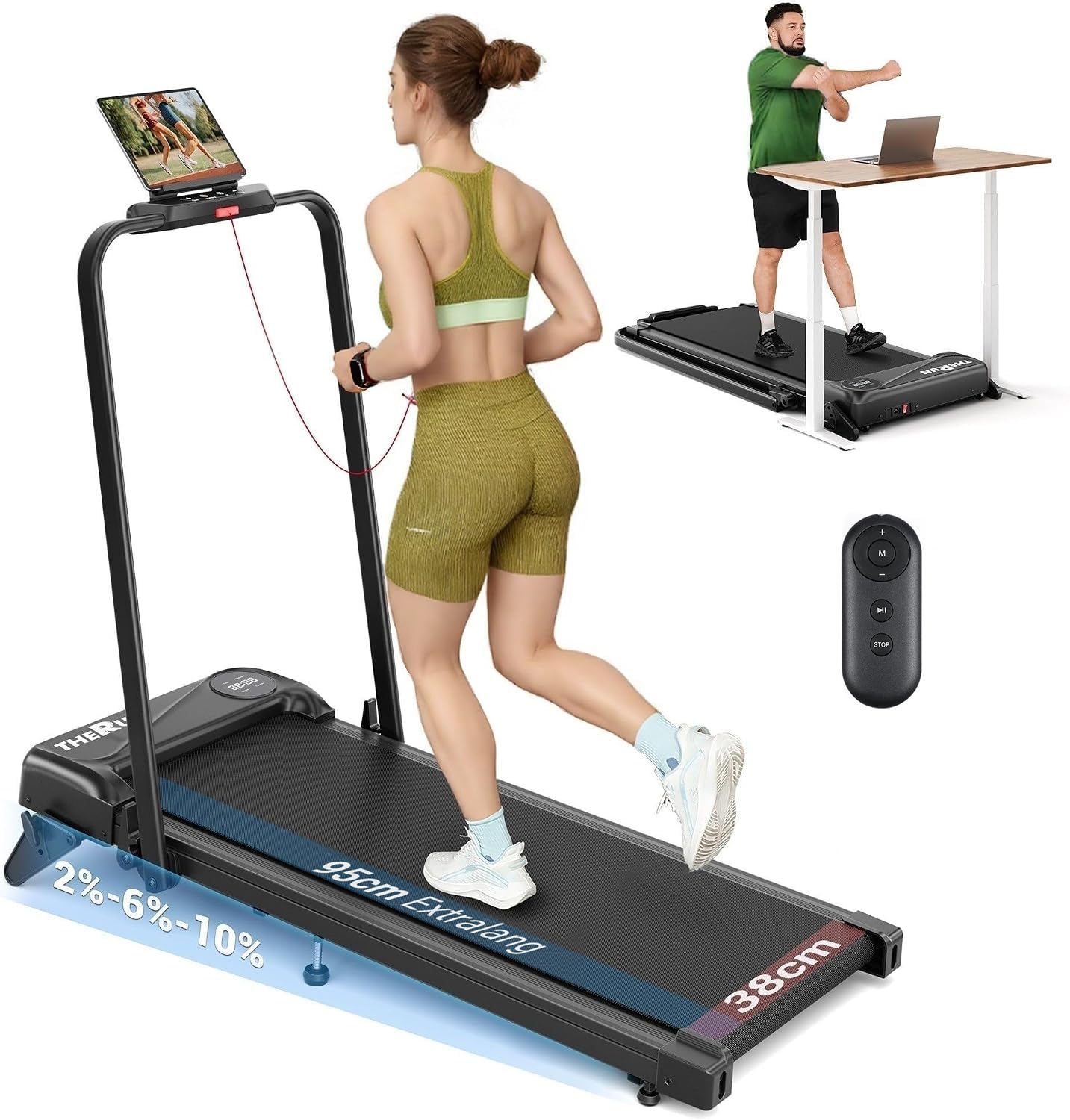 THERUN Cinta de Correr Plegable, Walking Pad Silencioso hasta 10 km/h, con Barra de Apoyo y Pantalla LED, Doble Amortiguación, Sin Montaje - para Escritorio, Hogar y Oficina