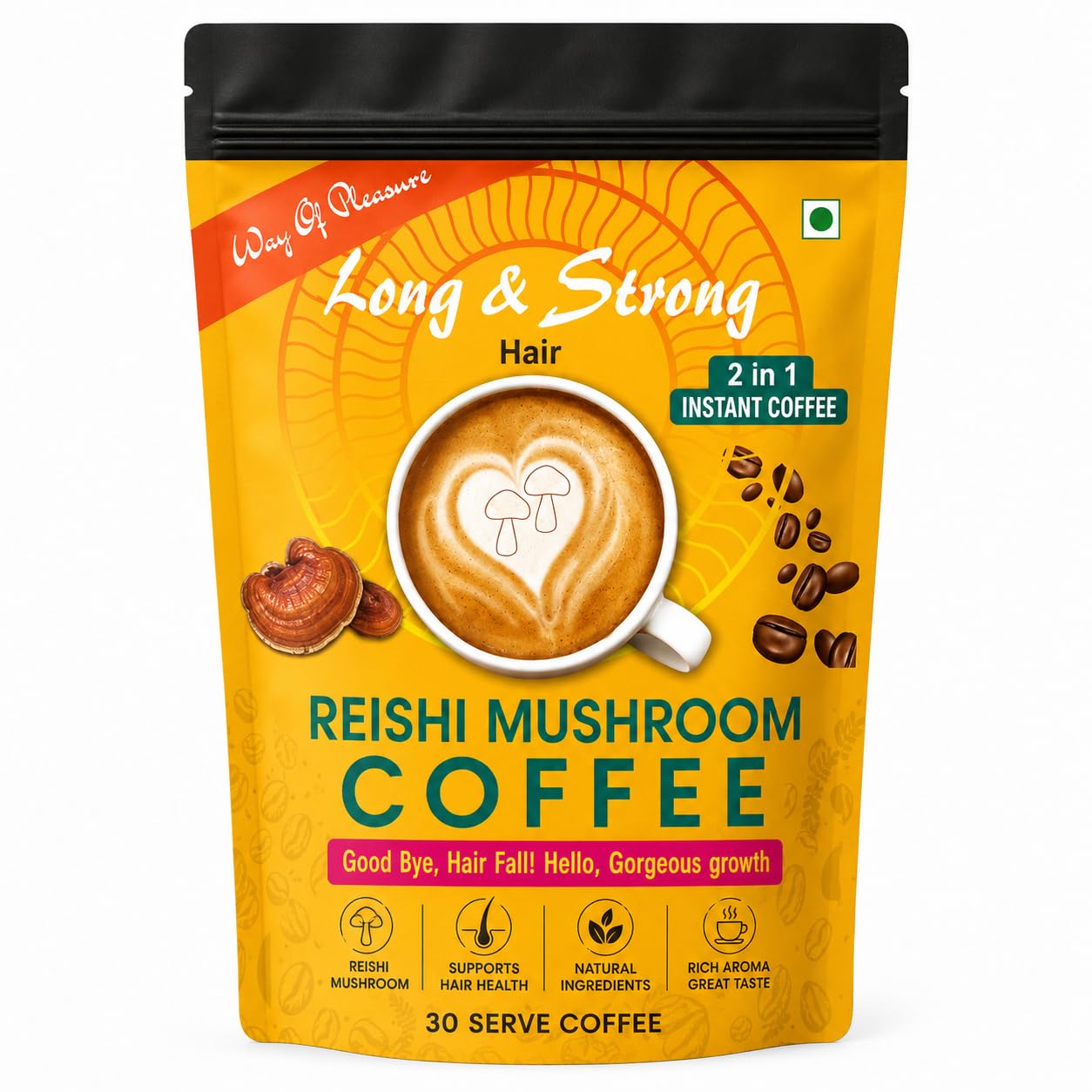 Way Of Please Long & Strong Hair Reishi Mushroom caffeine Free Instant Coffee Strong healthy hair, Hair Growth For Men and Women 45g-image-40