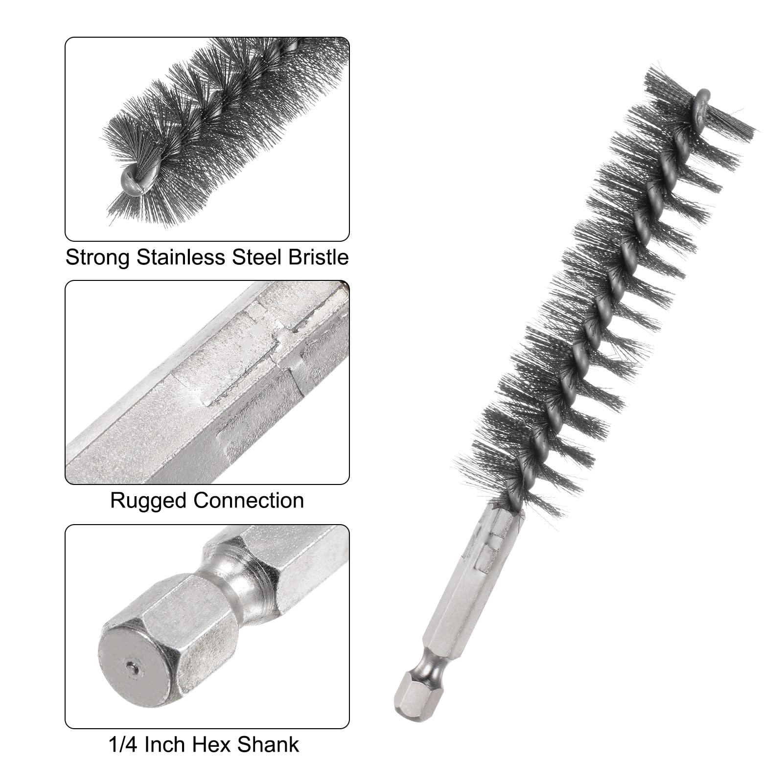 QUARKZMAN 5Pcs Cepillo de Alambre de Acero Inoxidable 20mm Diámetro para Limpieza de Tubos y Conductos con Mango y 1/4" Vástago Hexagonal para Tubos Puertos Rodamientos