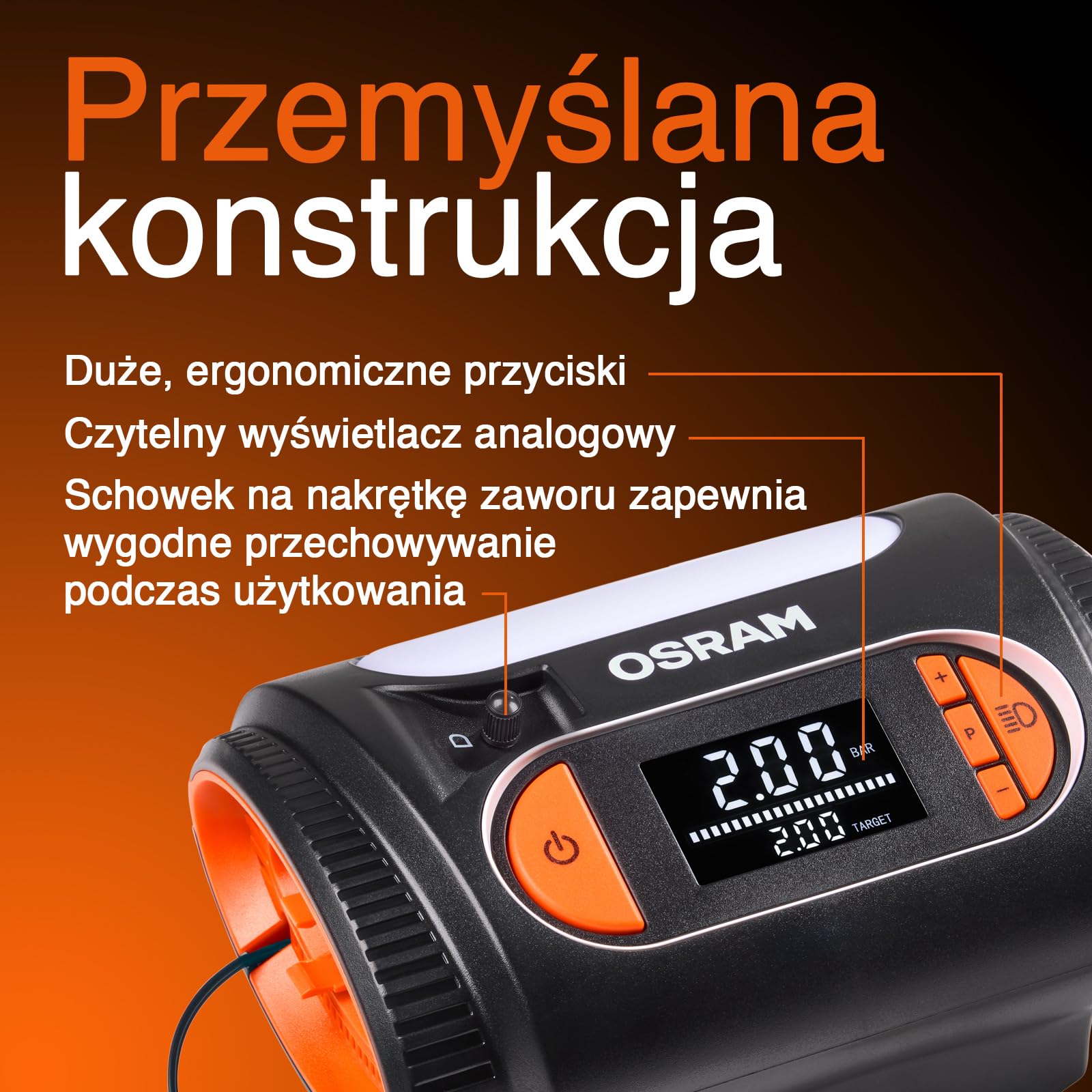 OSRAM TYREinflate 2120, duży wyświetlacz cyfrowy, programowalna funkcja automatycznego zatrzymania, kabel zasilający z bezpiecznikiem 12 V DC, pompowanie opon w 3,5 minuty
