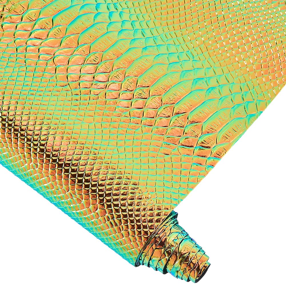 CALFOVERA 135 x 30cm Holographic Snake Embossed PU Leather Sheet Synthetic Vinyl Fabric Snake Textured Glossy Mirrored Faux Leather Rolls for DIY Crafts Earring Handbang Making(Goldenrod)