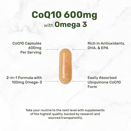 Miniatura 3 de CoQ10 600 mg, 120 cápsulas - con ácido graso Omega 3 100 mg - Fuerza máxima - Suplementos de coenzima Q10 biodisponibles - Apoyo antioxidante para