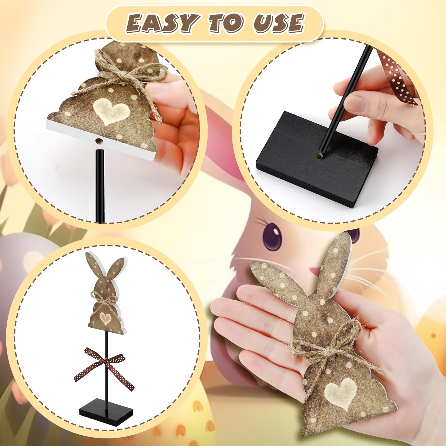 Maitys 3 Pcs Easter Bunny Wooden Table Decor Vintage Rabbit Standing Tabletop Decor Easter Bunny Block Centerpiece with Bow Heart Polka Dot for Spring Party Farmhouse Freestanding Home Office - Image 4