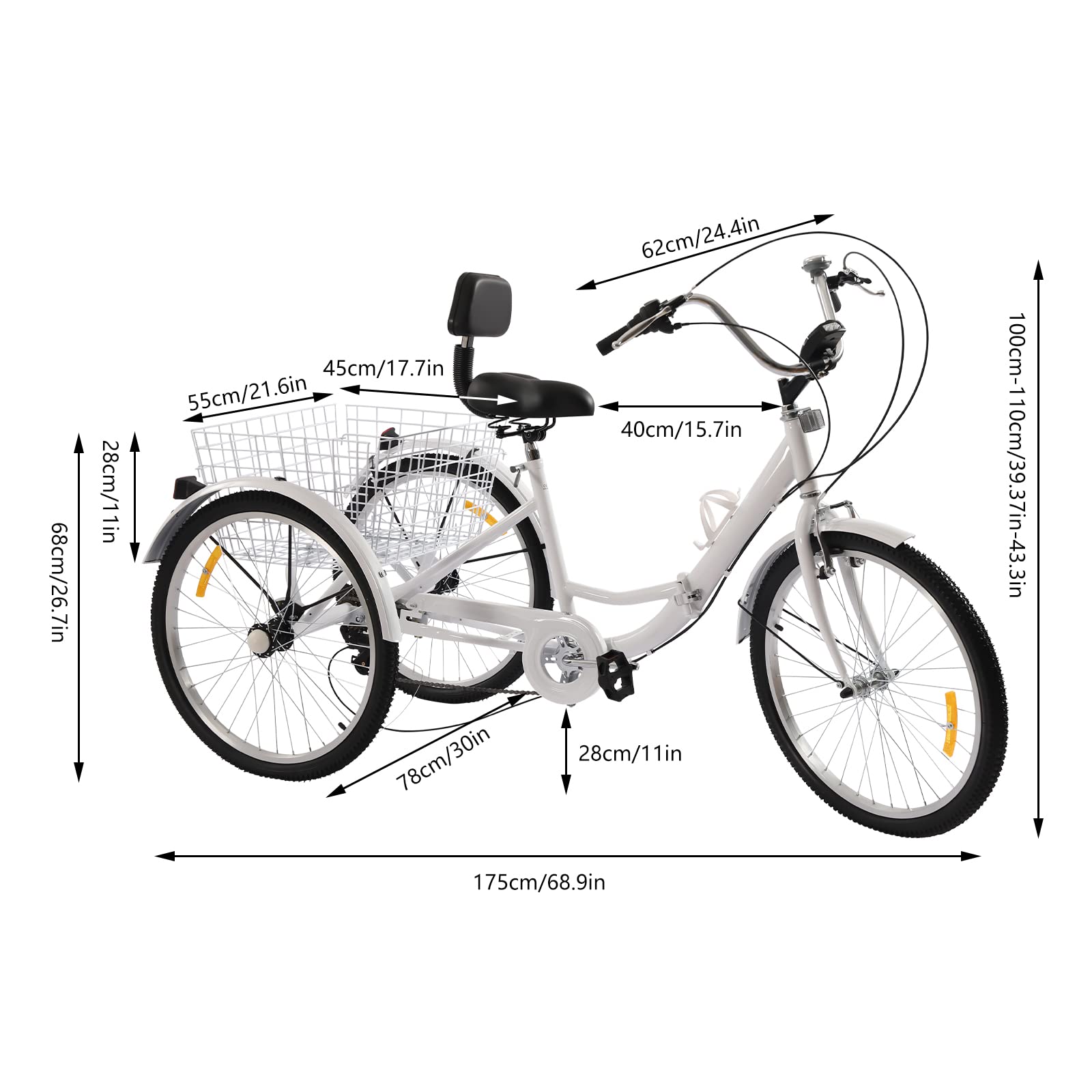 Triciclo para adultos, bicicleta con luz LED, cesta de verduras, plegable, bicicleta plegable, bicicleta plegable, bicicleta de crucero, triciclo plegable para adultos, triciclo plegable, bicicleta de
