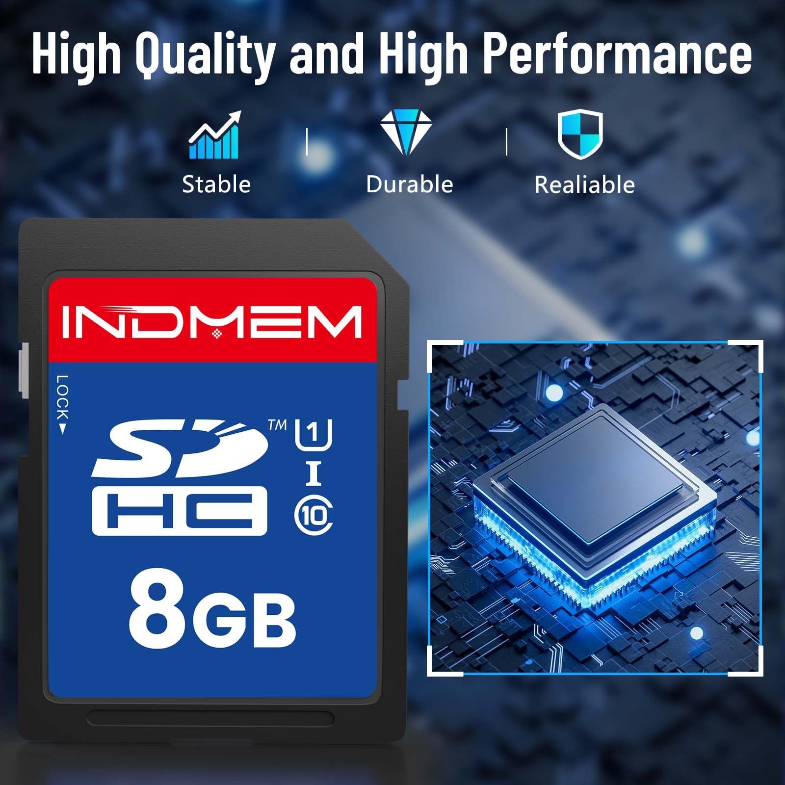 INDMEM Carte SD de 8 Go (lot de 3), cartes mémoire C10 SDHC UHS-I U1 Classe 10 haute vitesse Full 4K HD Vidéo compatible avec les appareils photo numériques point-and-shoot, caméscopes HD,