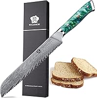 Vista 11 de WILDMOK Cuchillo de pan de acero de Damasco dentado, 8 pulgadas, espiga completa ultra afilada, mango de resina, caja de regalo