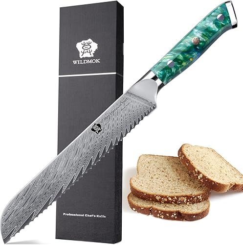 WILDMOK Cuchillo de pan dentado, 8 pulgadas, mango de resina fuerte, rebanador de acero japonés VG10 de 67 capas