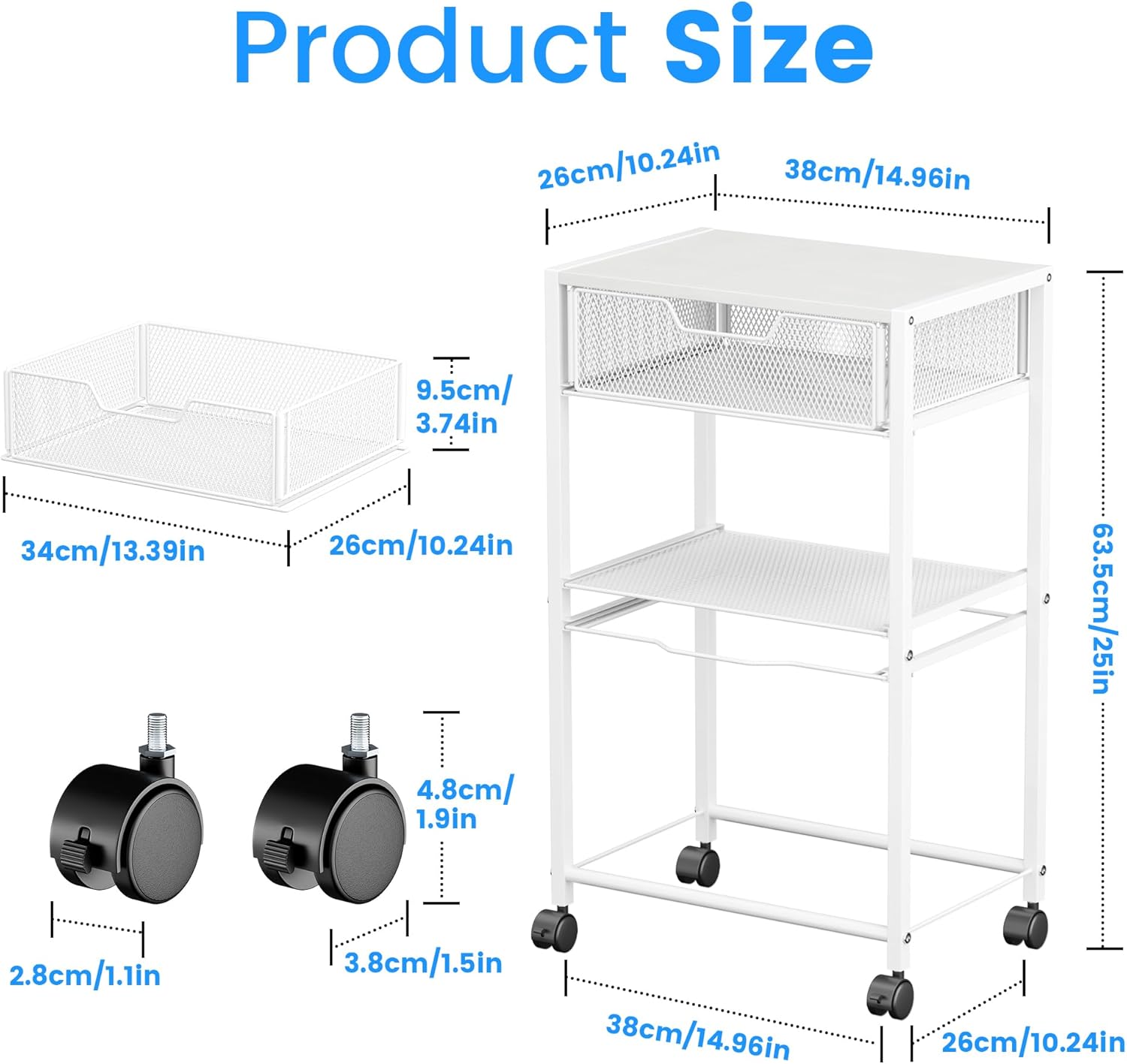 Cawukege Small Printer Stand, Side Table for Printer, Under Desk Storage Organizer, 3 Tier Hanging File with Wheels, for Office, Home, White