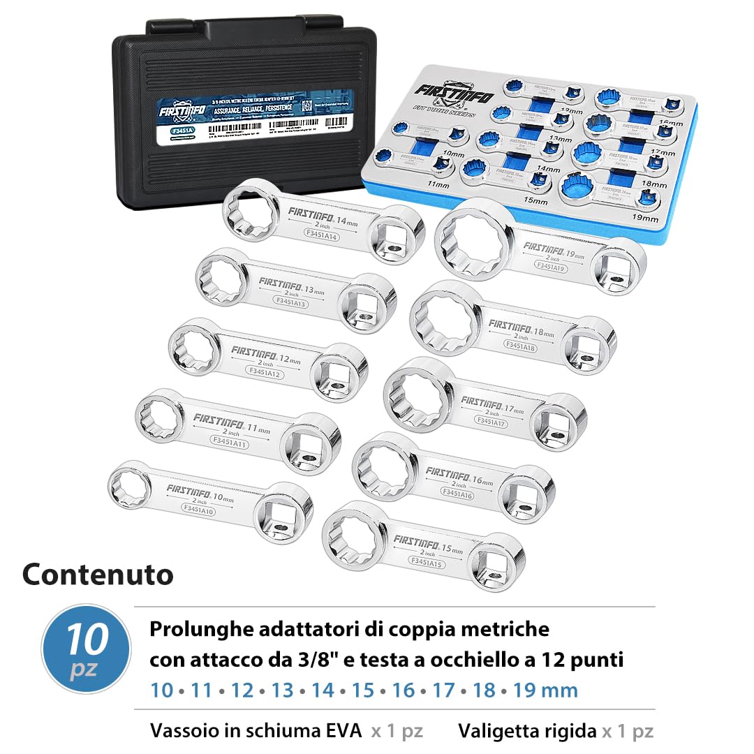 FIRSTINFO F3451A Set adattatori di coppia metrici a occhio 12 punti attacco 3/8" 10 pezzi in acciaio cromo vanadio con vassoio in schiuma EVA e valigetta da trasporto