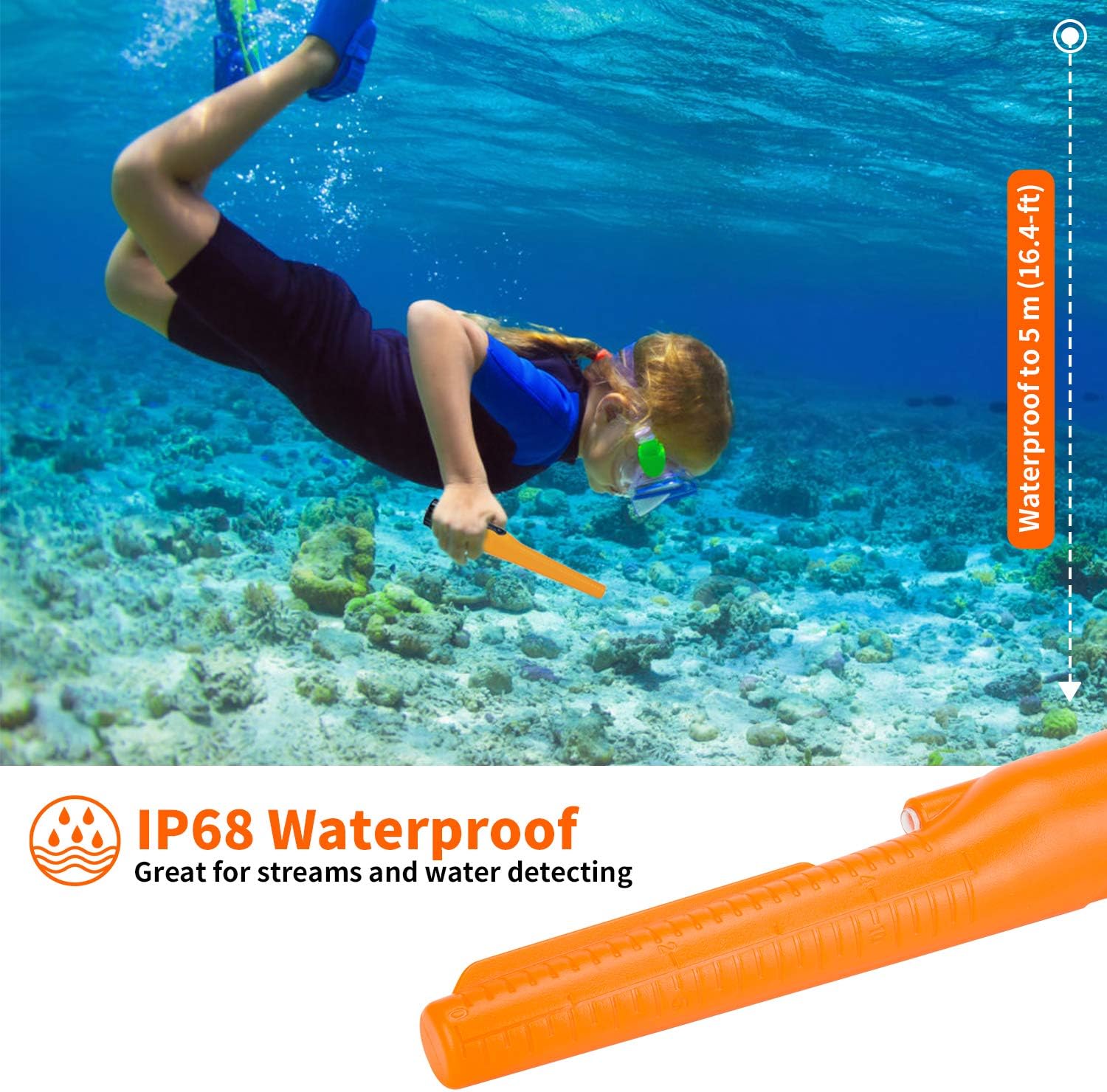 Fully Waterproof Portable Metal Detector Pinpointer Include a 9V Battery 360°Search Treasure Pinpointing Hunter Probe with Belt Holster for Adults and Kids Three Mode,Orange