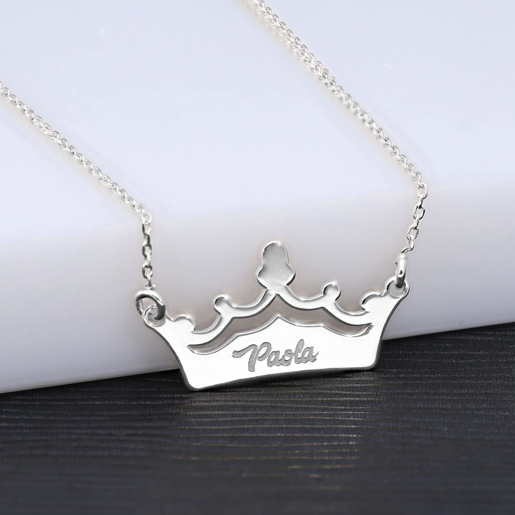 Colgante Corona Personalizado - Plata de Ley 925/1000 para Mujer o Niña con Cadena Forzada en 45cm + 3cm de Alargador – Collar Crown Artesanal (Plata de Ley)