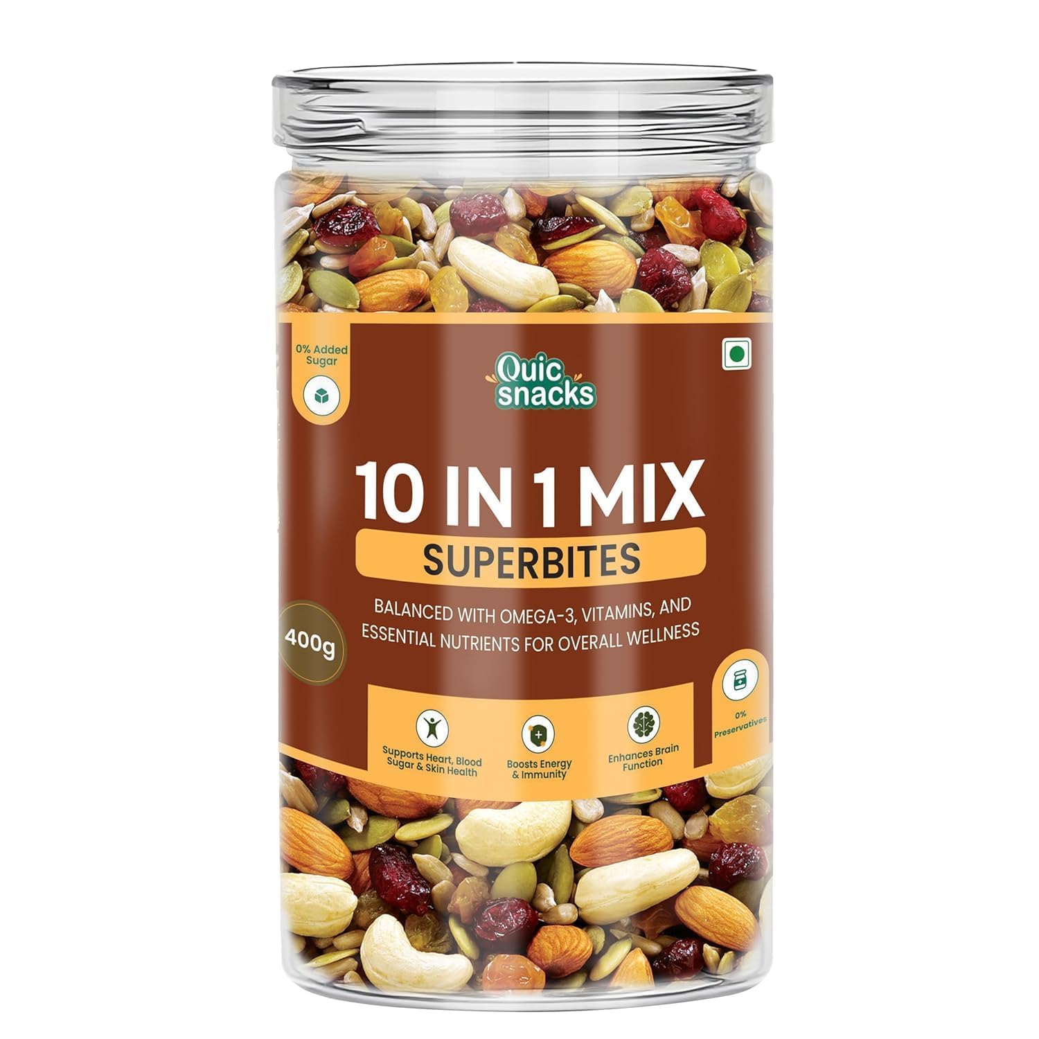 QuicSnacks 10 in 1 Mix Superbites Mix Seeds | Nuts and Seeds Mixes | Healthy Snack | Ready to Eat | Supports Heart Health, Boosts Energy, and Improves Overall Wellness (400gm) QuicSnacks 10 in 1 Mix Superbites Mix Seeds | Nuts and Seeds Mixes | Healthy Snack | Ready to Eat | Supports Heart Health, Boosts Energy, and Improves Overall Wellness (400gm)