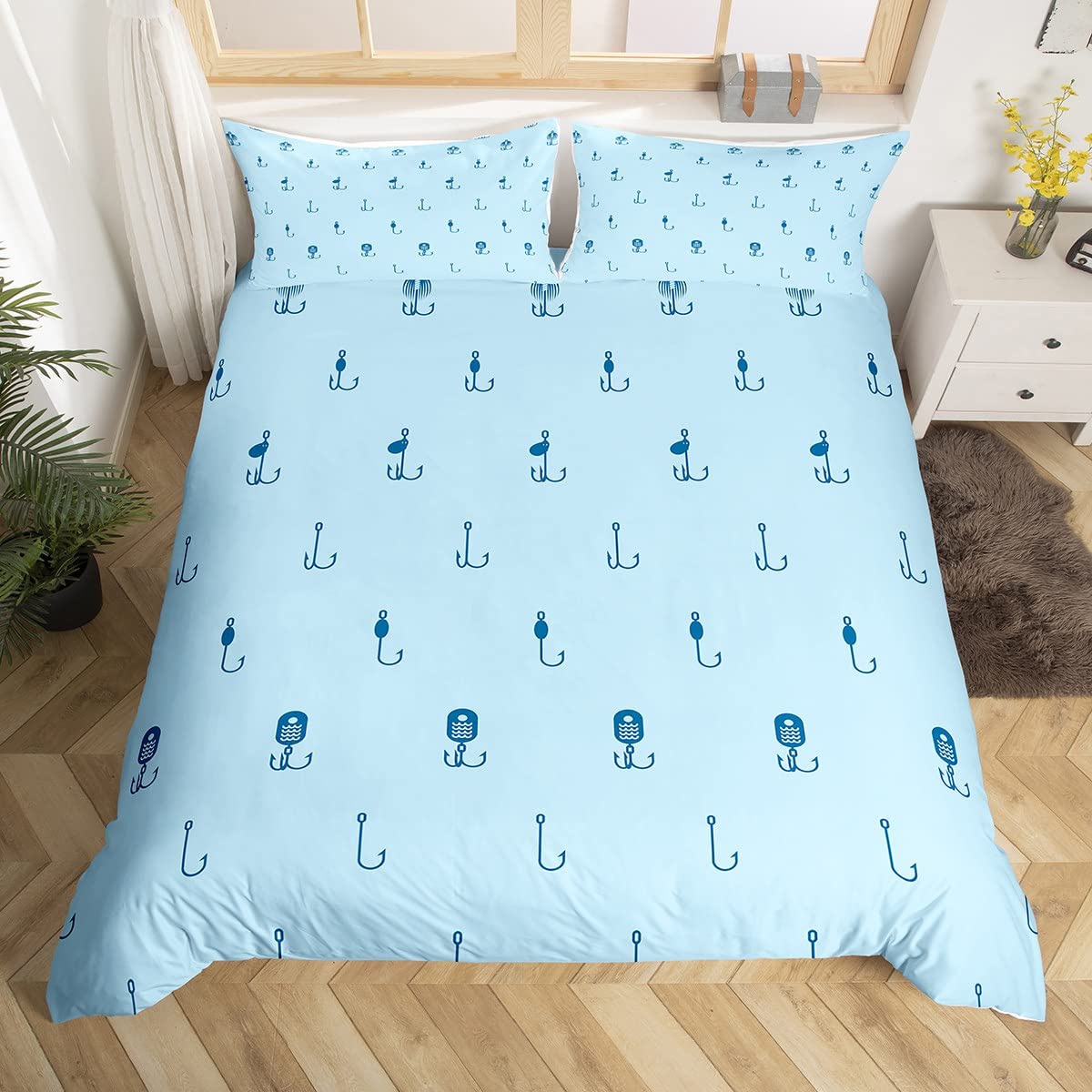 Fish Hook Kids Duvet Cover Set Single Size,Fishing Lake Life Cabin Bedding Set,Teens Adults Room Decor,Camper Adventure Rustic Farmhouse Comforter Cover,Blue Fashion Quilt Cover,1 Pillowcase — image 1