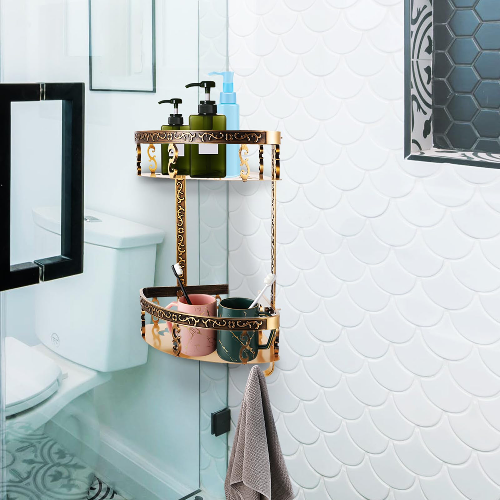 YARNOW Mensola Angolare da Parete in Alluminio Stile Europeo, Organizzatore da Bagno Multiuso senza Foratura, Scaffale Sospeso per Doccia e Wc, Portaoggetti Compatto per Shampoo